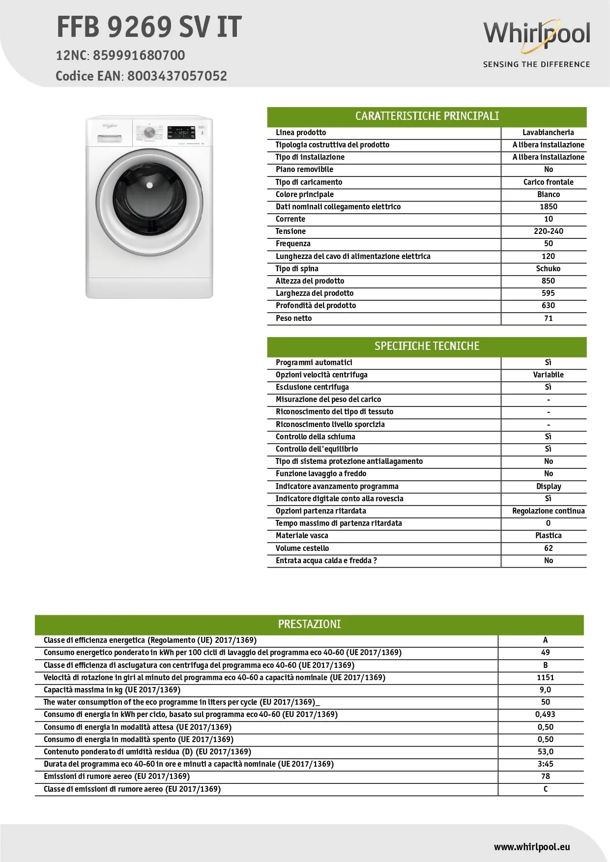 Whirlpool FFB 9269 SV IT Lavatrice 9 kg Bianca - immagine 8
