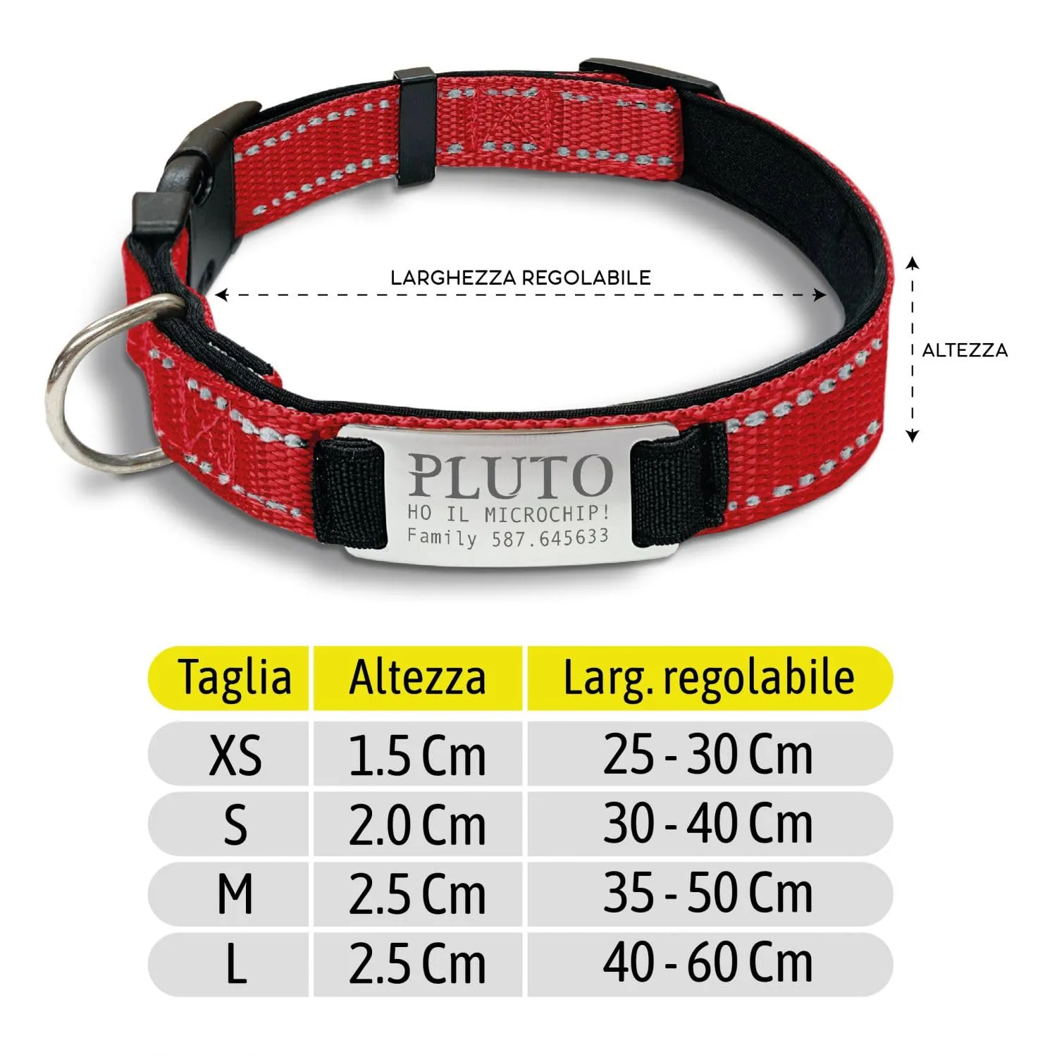 Gruppo Veneziano Collare Cane Personalizzabile con Targhetta in Metallo, Linee Catarifrangenti e Clip in ABS, Rosso, L - immagine 2