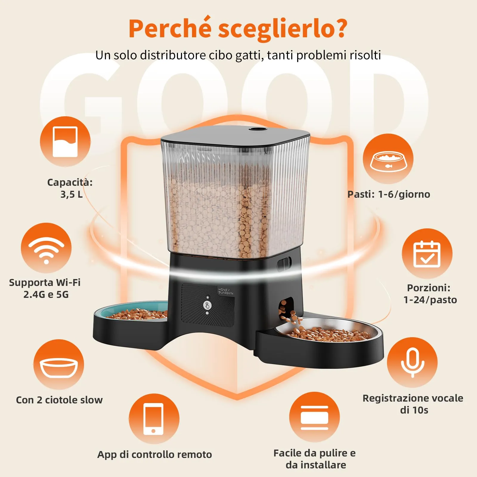 HoneyGuaridan Distributore Automatico Cibo Gatti WiFi 2.4G/5G con 4 Ciotole - immagine 2
