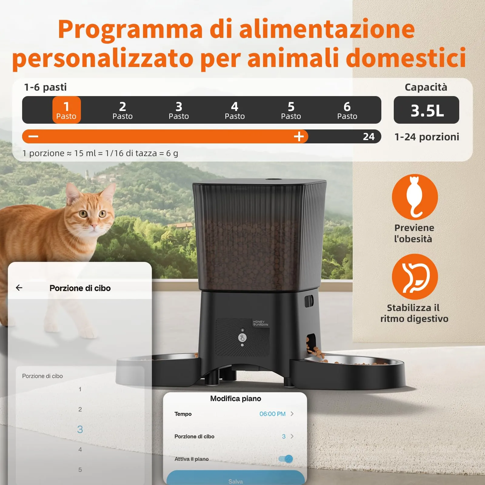 HoneyGuaridan Distributore Automatico Cibo Gatti WiFi 2.4G/5G con 4 Ciotole - immagine 4