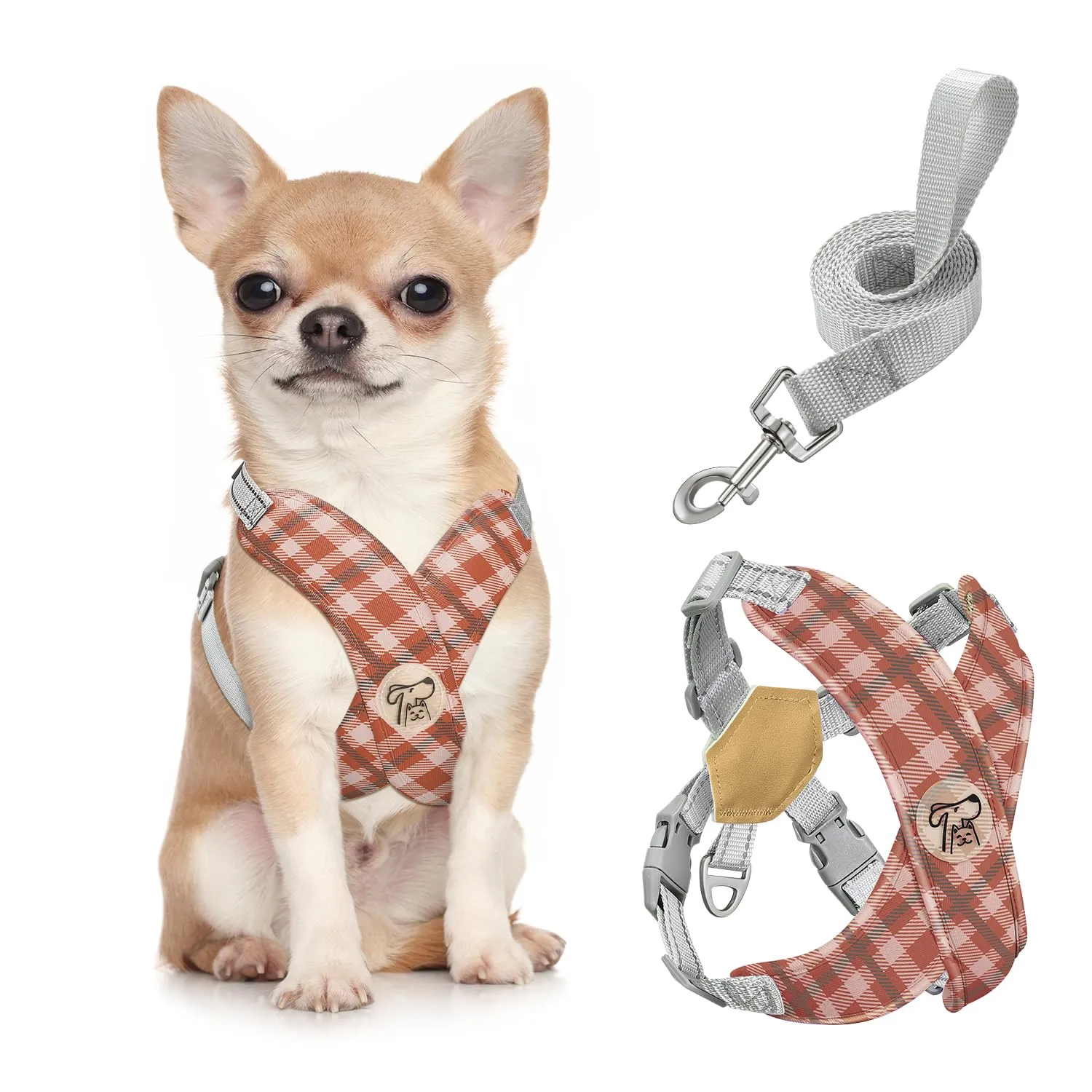 Pawaboo Set di Pettorina e Guinzaglio per Cani di Taglia Piccola, Cachi Plaid - immagine 1