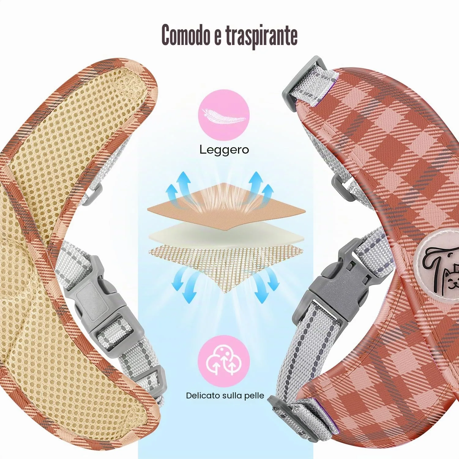 Pawaboo Set di Pettorina e Guinzaglio per Cani di Taglia Piccola, Cachi Plaid - immagine 5