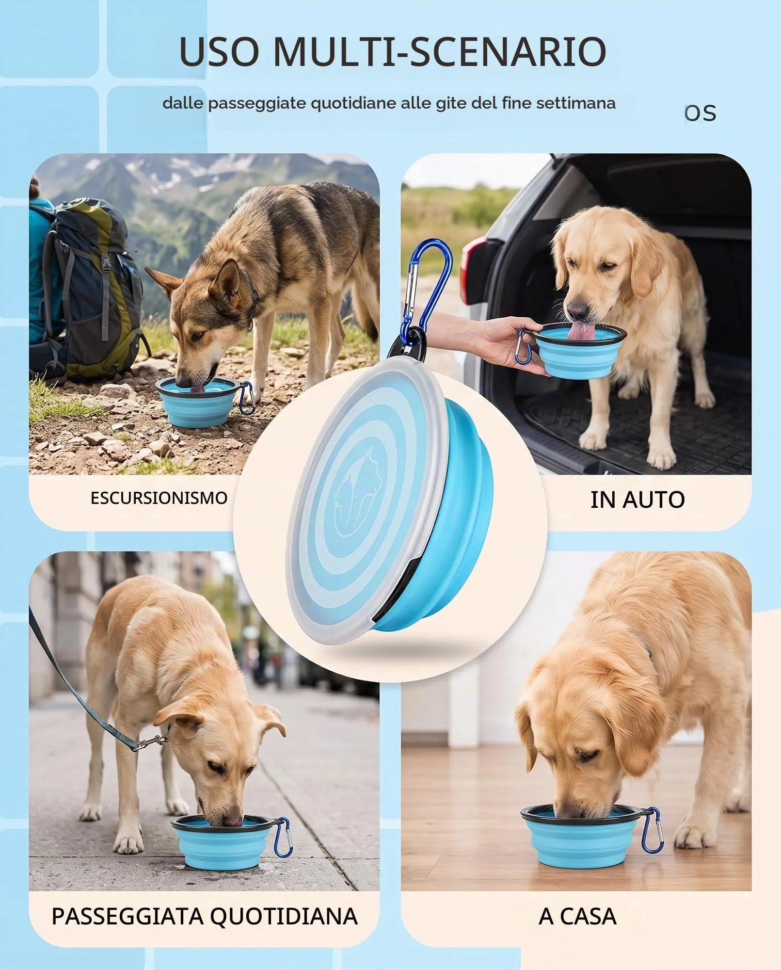 ZOKJSW Ciotola Pieghevole in Silicone con Coperchio e Moschettone, Blu Chiaro - immagine 3