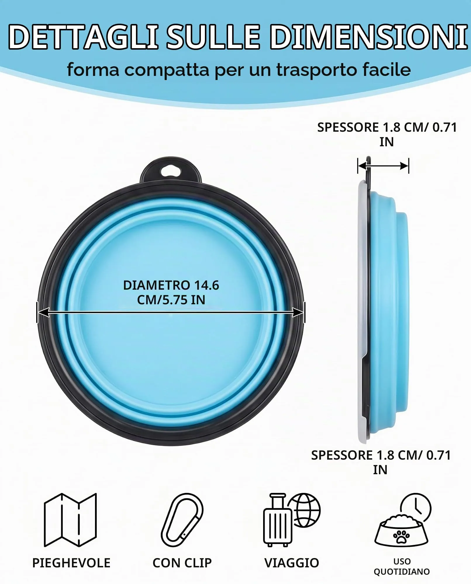 ZOKJSW Ciotola Pieghevole in Silicone con Coperchio e Moschettone, Blu Chiaro - immagine 5