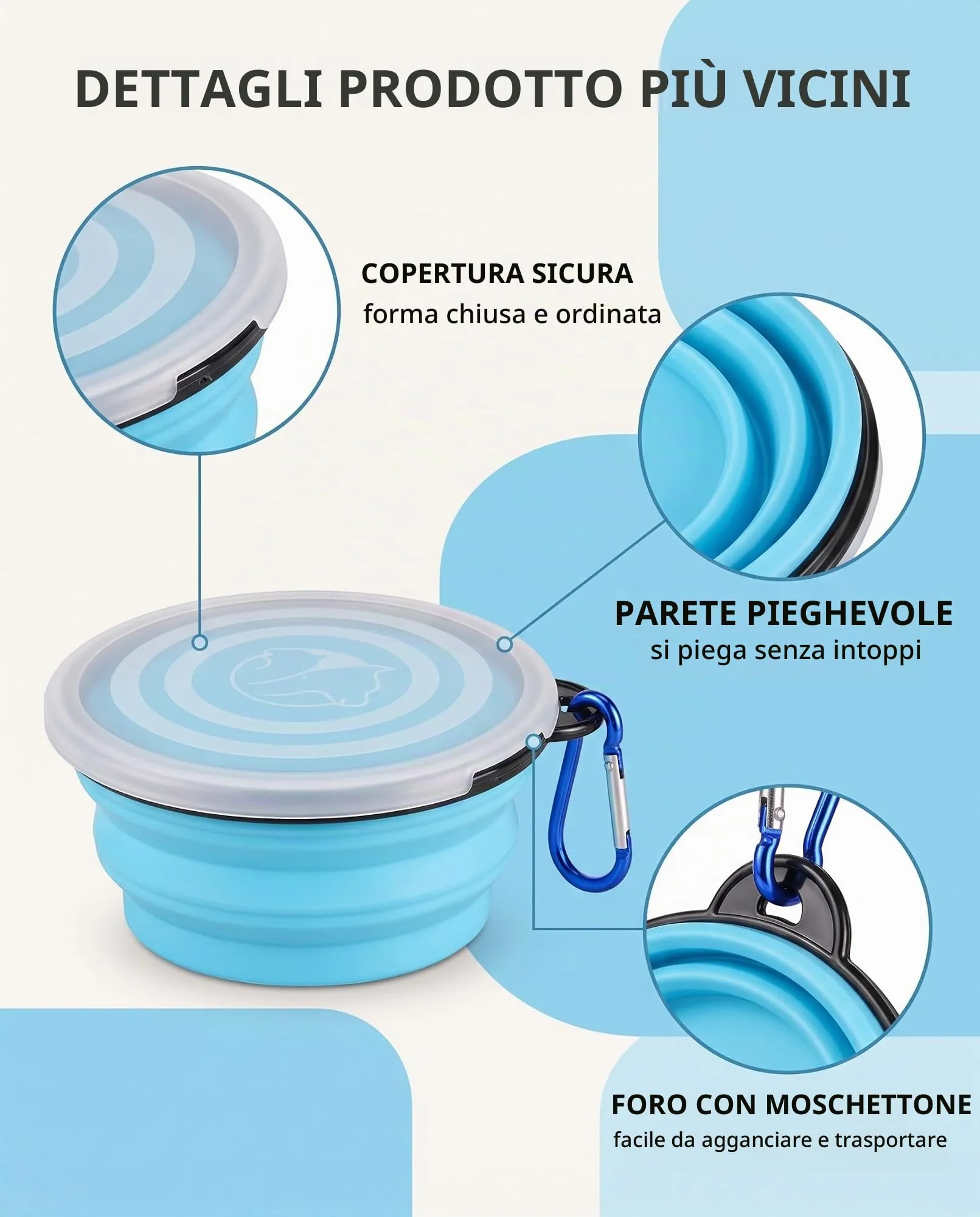 ZOKJSW Ciotola Pieghevole in Silicone con Coperchio e Moschettone, Blu Chiaro - immagine 6
