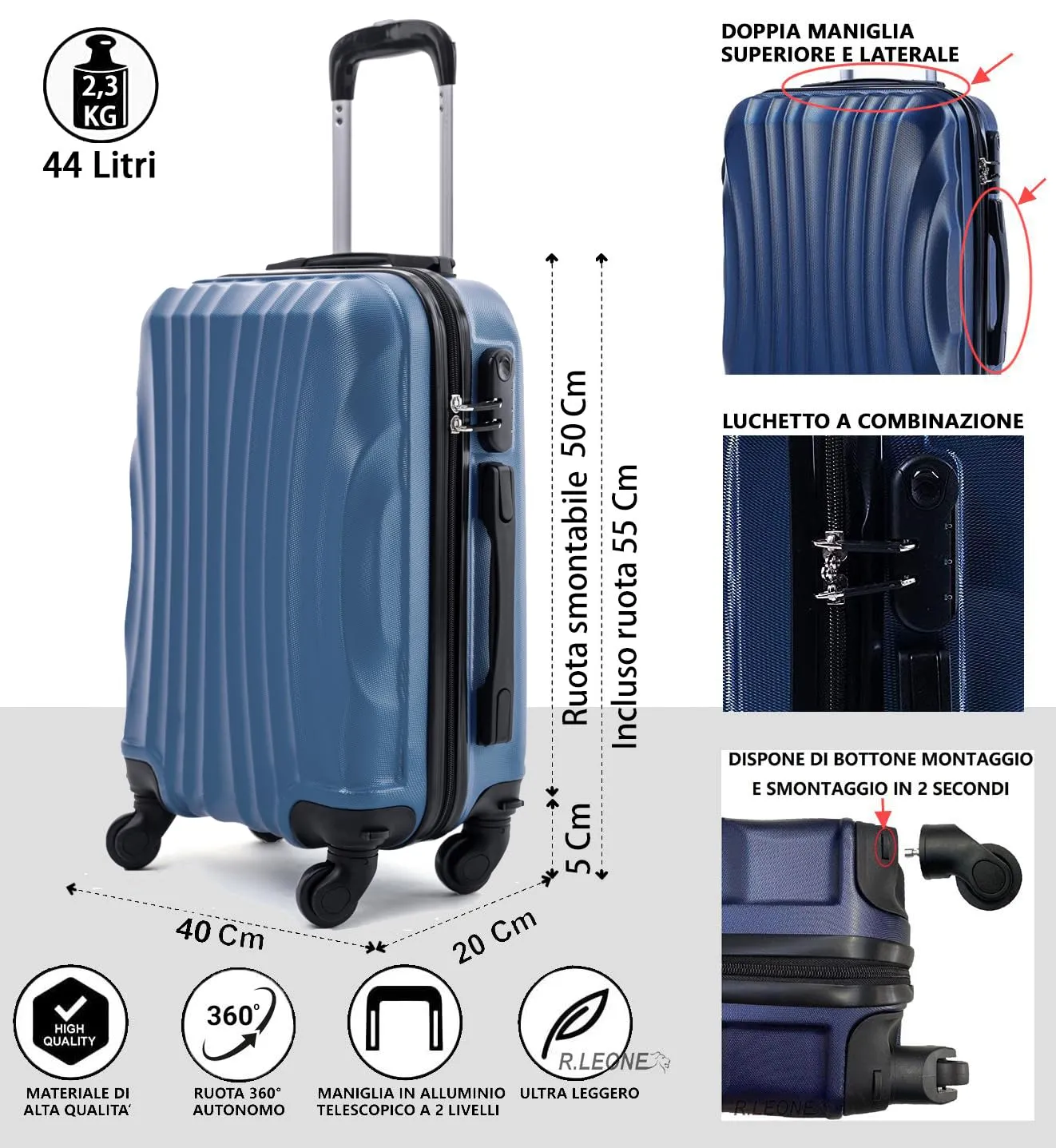 R.Leone Ryanair Trolley Bagaglio a mano 55x40x20 cm 4 Ruote rimovibili in ABS 20373N Blu Elemental - immagine 2