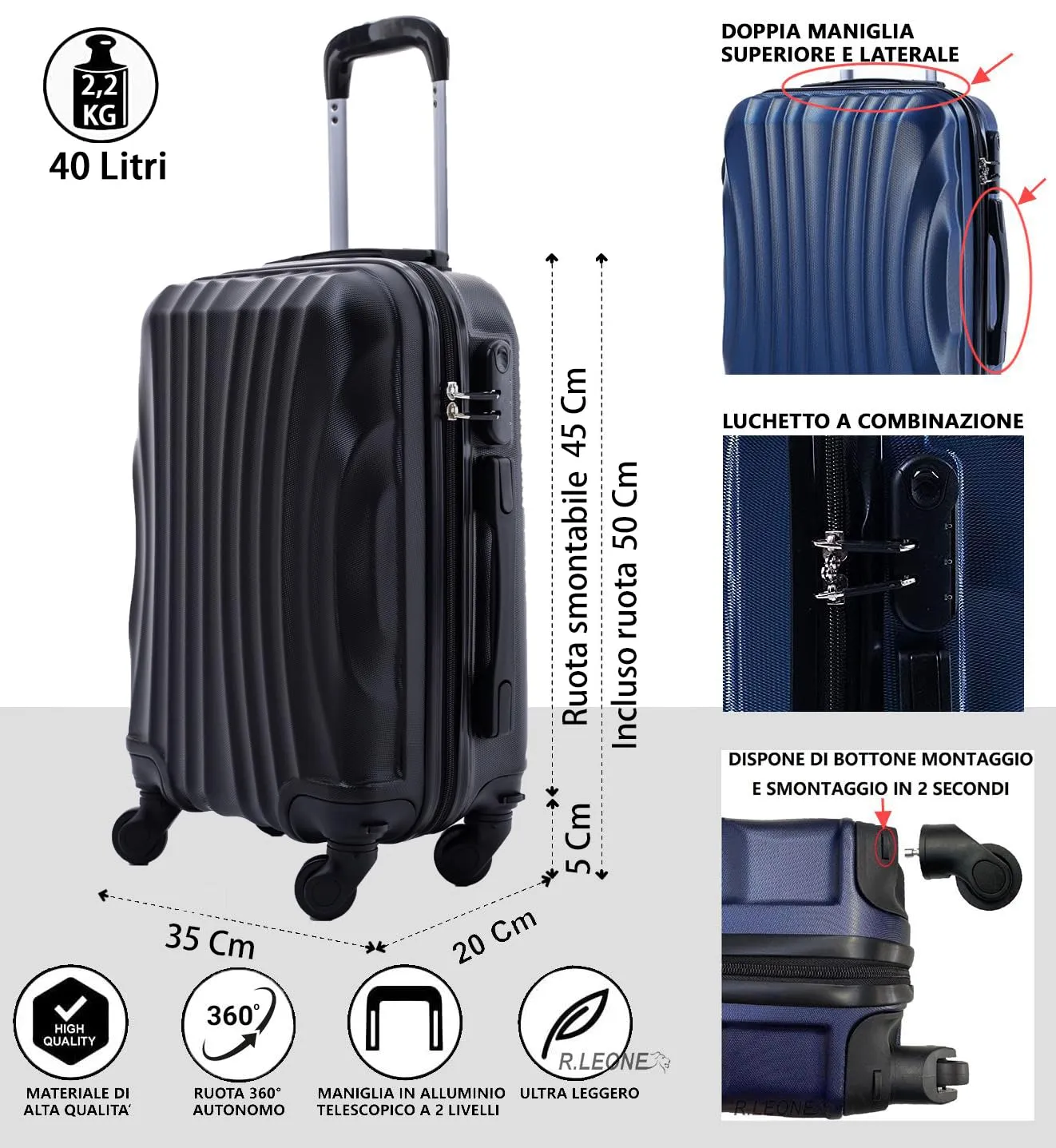 R.Leone EasyJet Valigia Trolley Bagaglio a mano in ABS 4 Ruote Rimovibili 20374, Nero, 50x35x20 cm - immagine 2