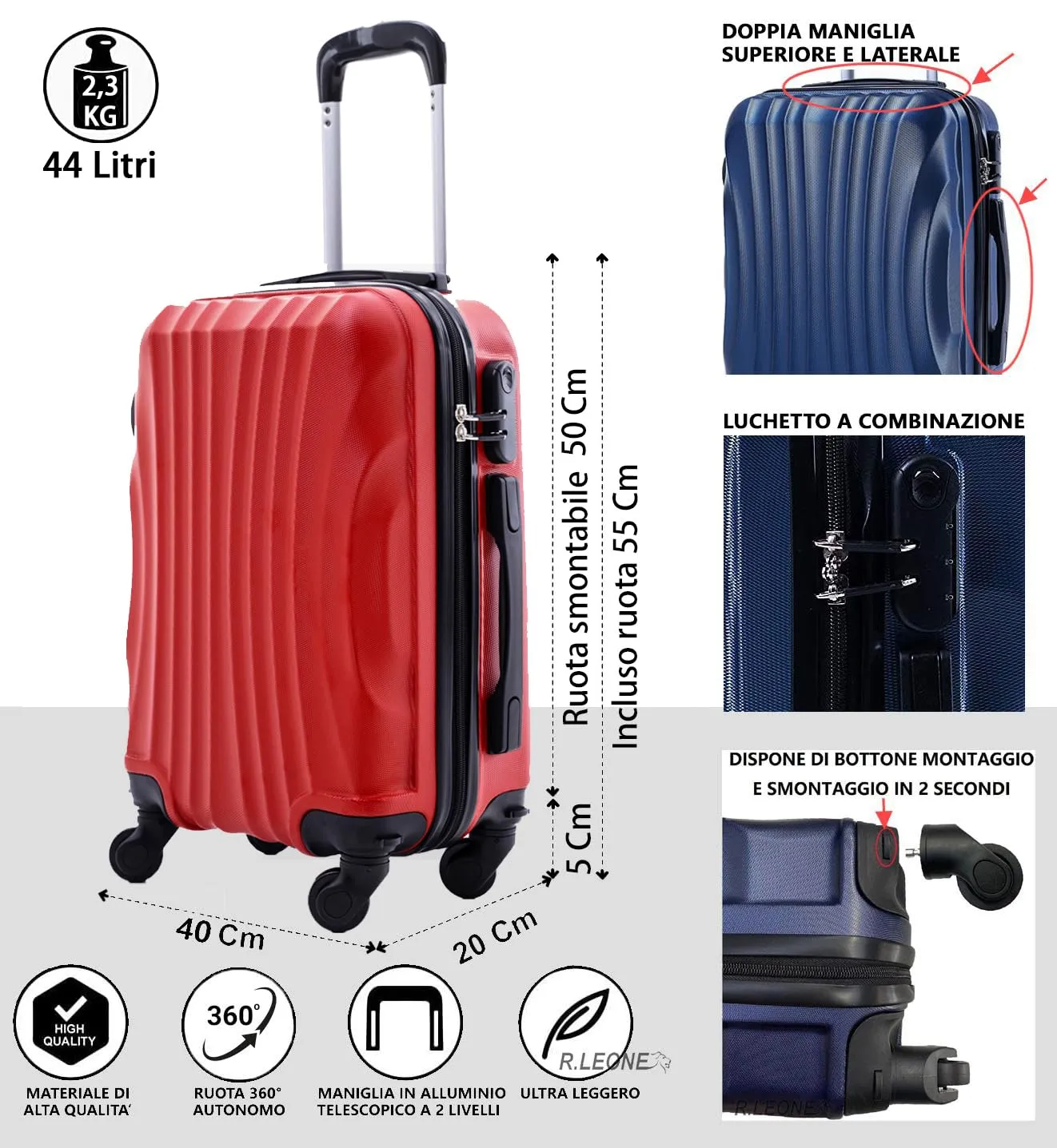 R.Leone Valigia Trolley Bagaglio a mano 55x40x20 cm 4 Ruote rimovibili ABS 20373N - Rosso Anguria - immagine 2