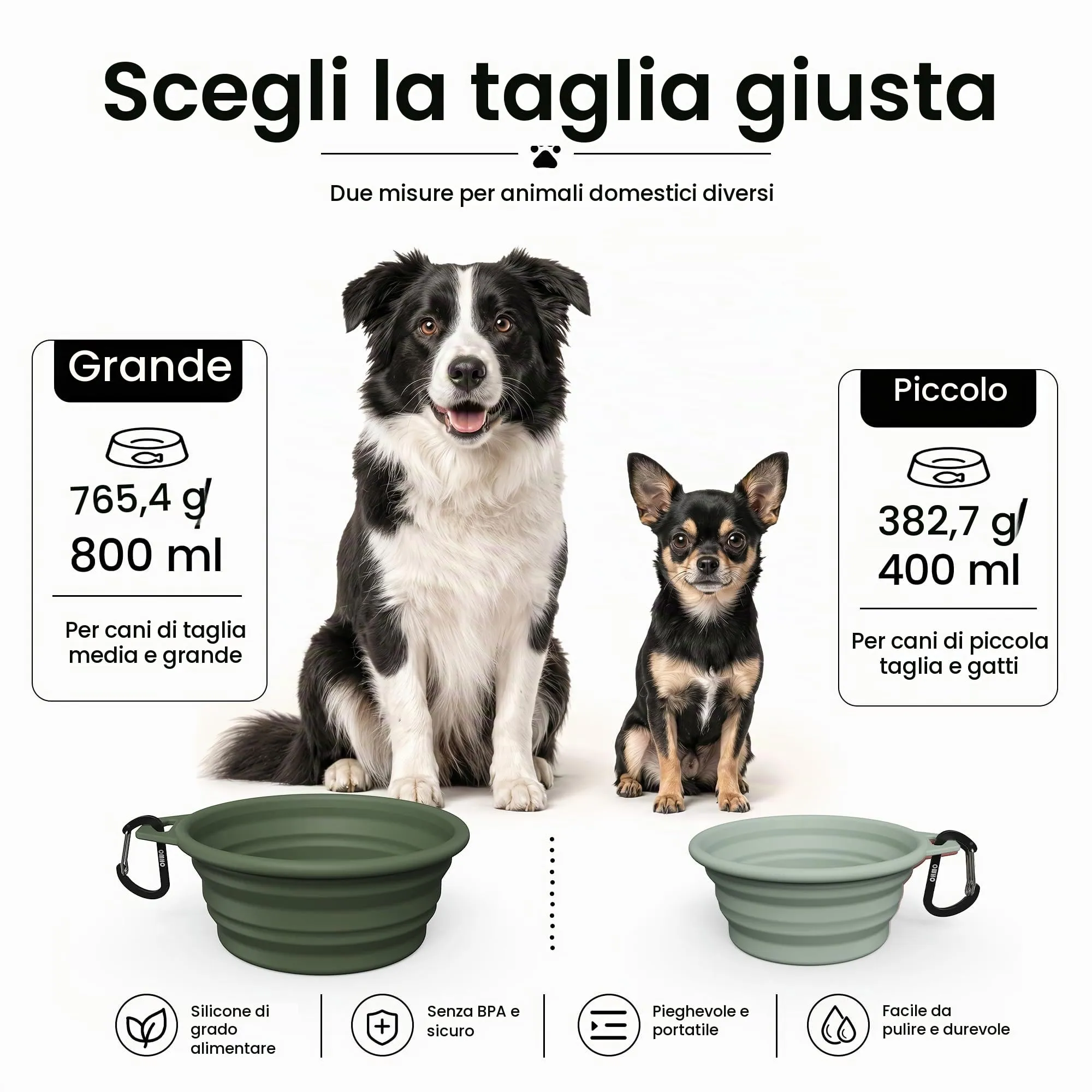 OHMO Ciotola Pieghevole per Cani con Moschettone, Verde Mimetico, 800ml - immagine 2