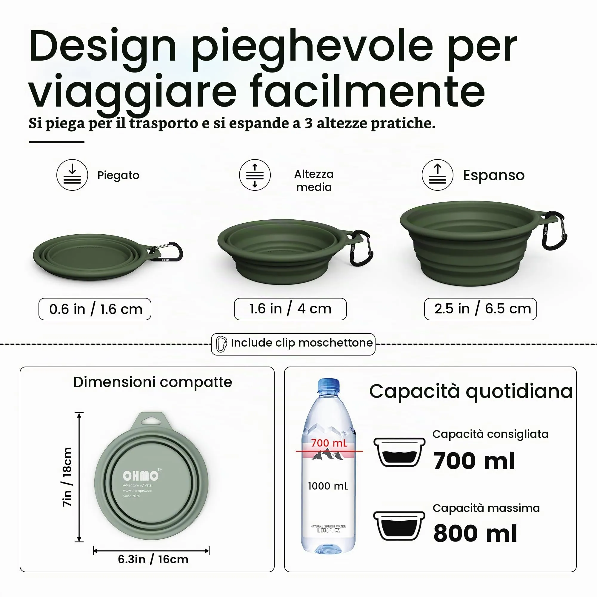 OHMO Ciotola Pieghevole per Cani con Moschettone, Verde Mimetico, 800ml - immagine 3