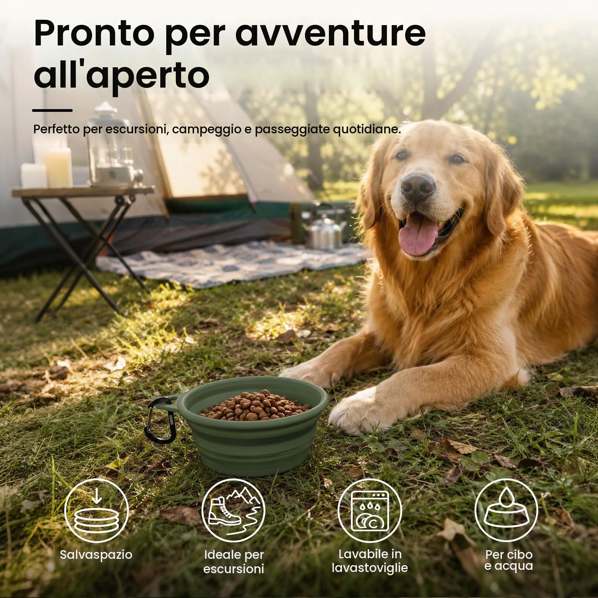 OHMO Ciotola Pieghevole per Cani con Moschettone, Verde Mimetico, 800ml - immagine 4