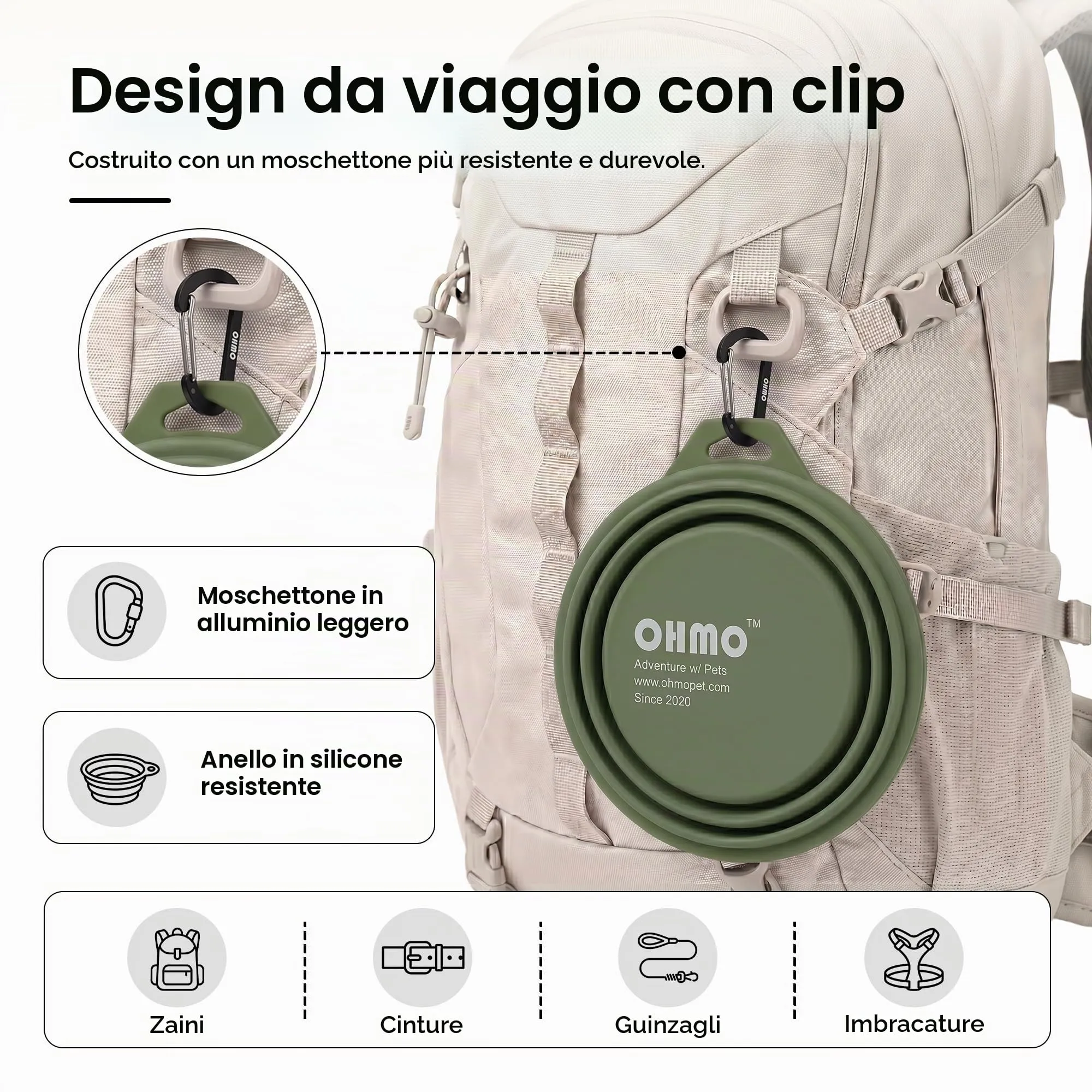 OHMO Ciotola Pieghevole per Cani con Moschettone, Verde Mimetico, 800ml - immagine 5