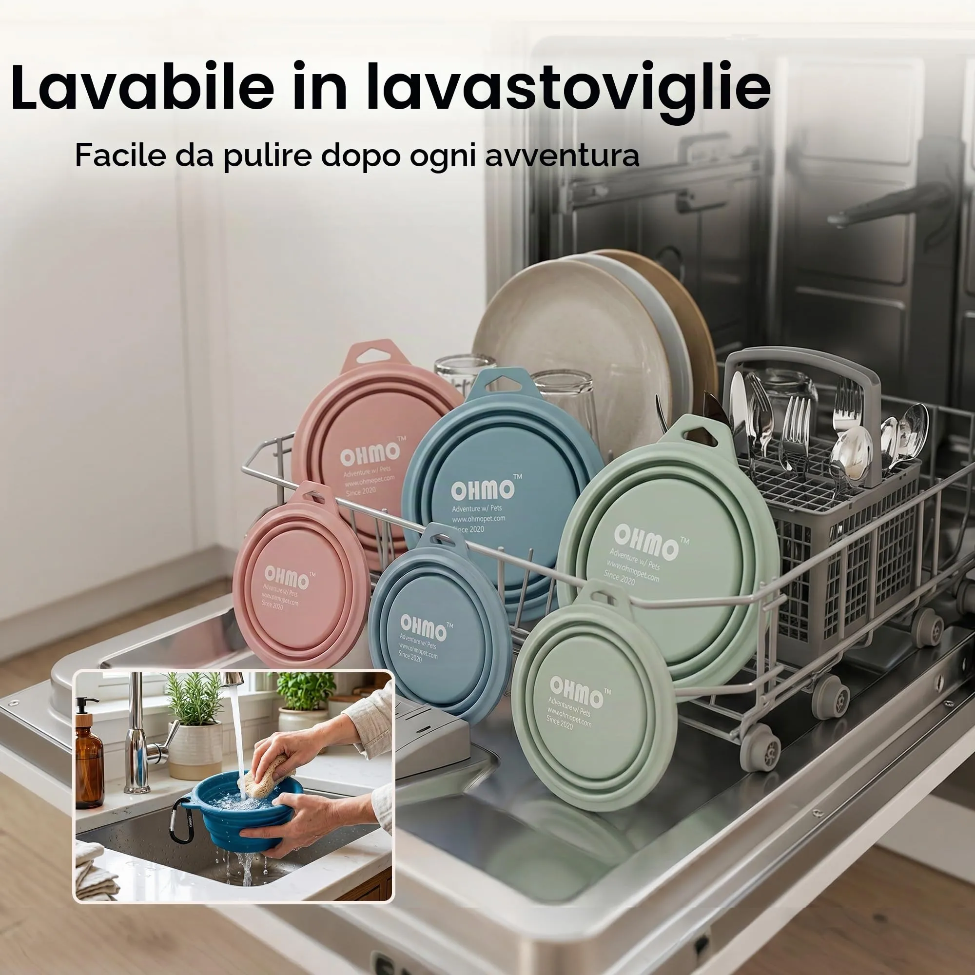 OHMO Ciotola Pieghevole per Cani con Moschettone, Verde Mimetico, 800ml - immagine 6