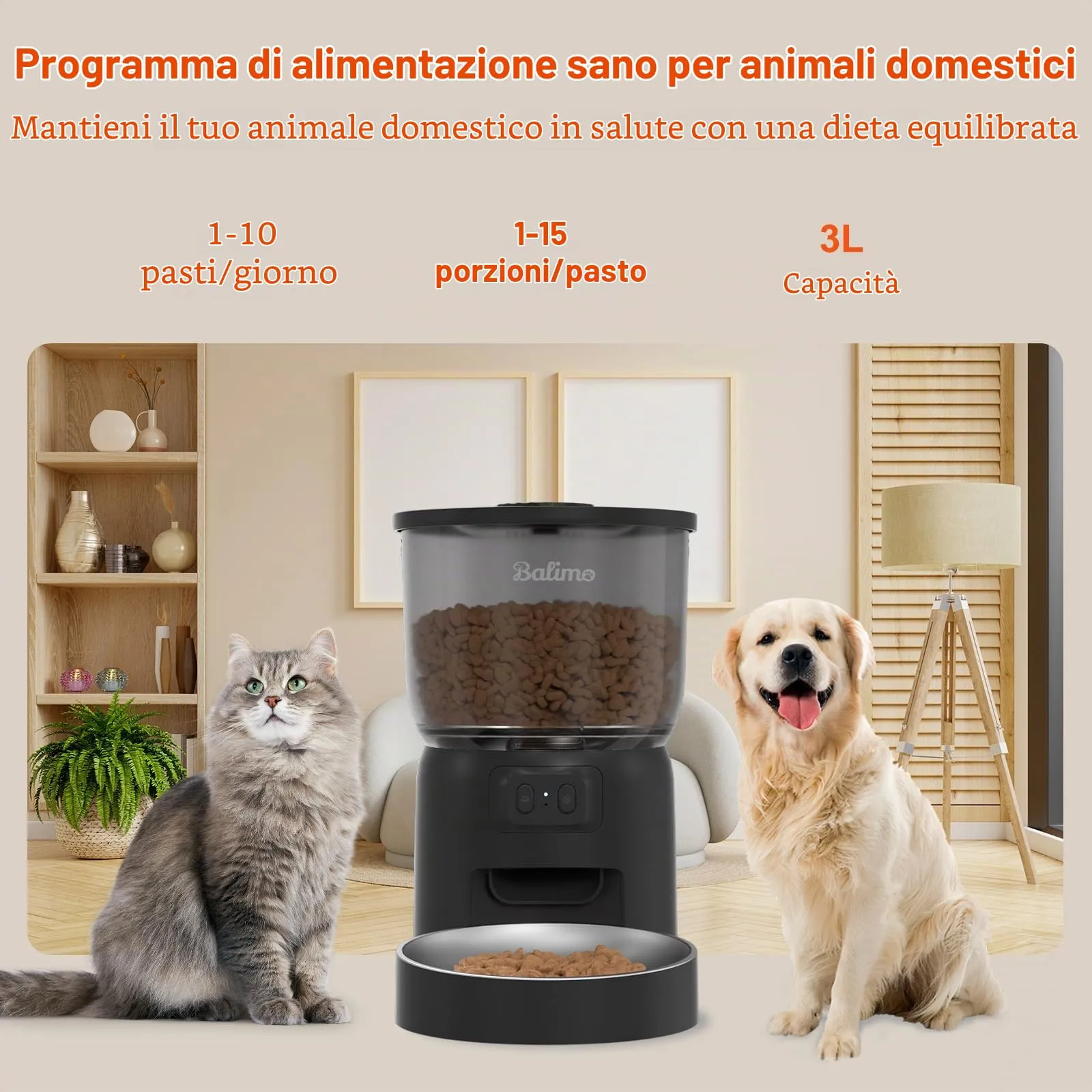 Balimo Distributore Automatico di Cibo per Gatti e Cani, 3L, WiFi 2.4G, Controllo App, Nero - immagine 2