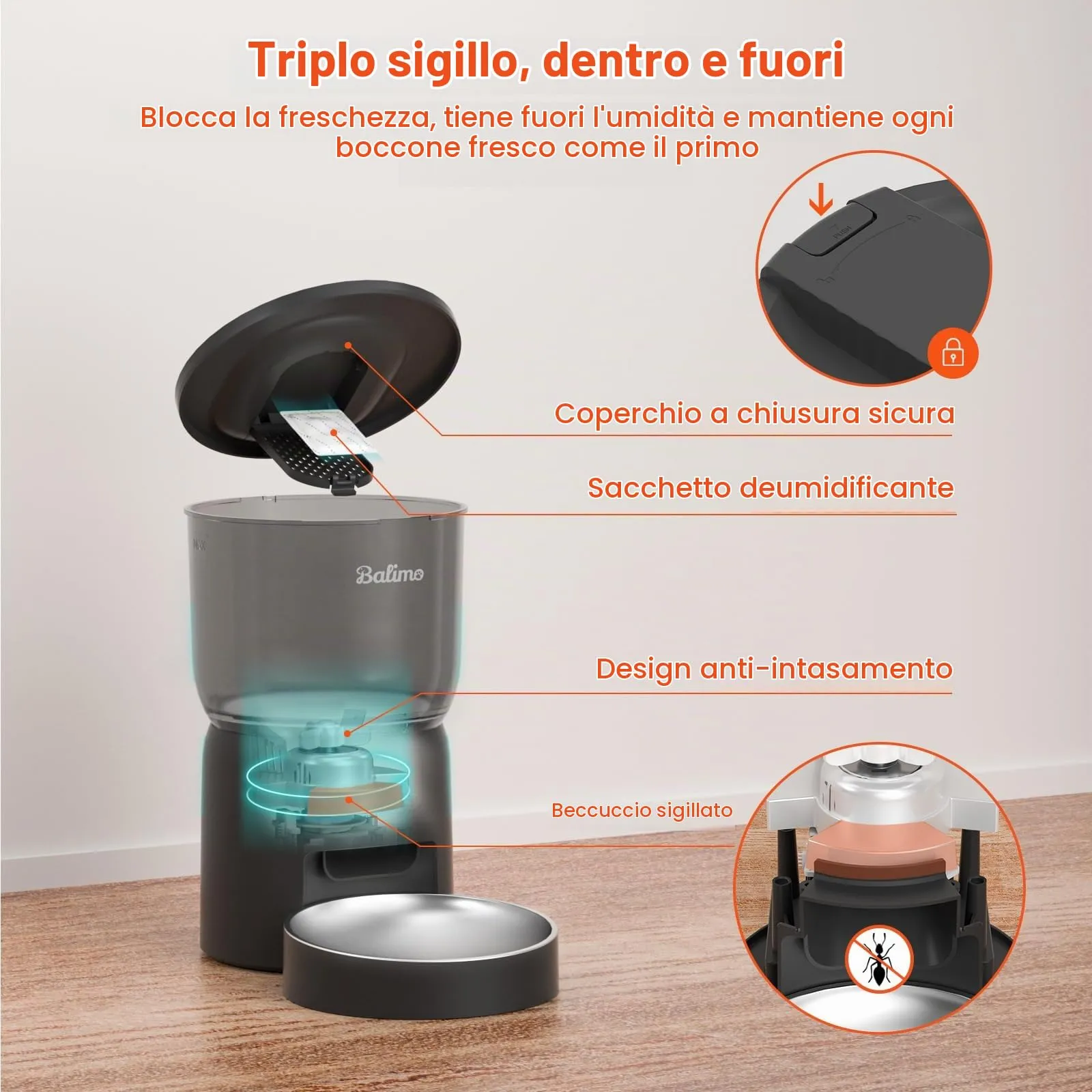 Balimo Distributore Automatico di Cibo per Gatti e Cani, 3L, WiFi 2.4G, Controllo App, Nero - immagine 3