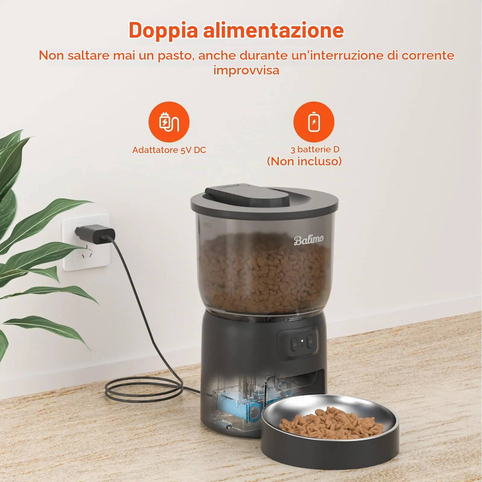 Balimo Distributore Automatico di Cibo per Gatti e Cani, 3L, WiFi 2.4G, Controllo App, Nero - immagine 4
