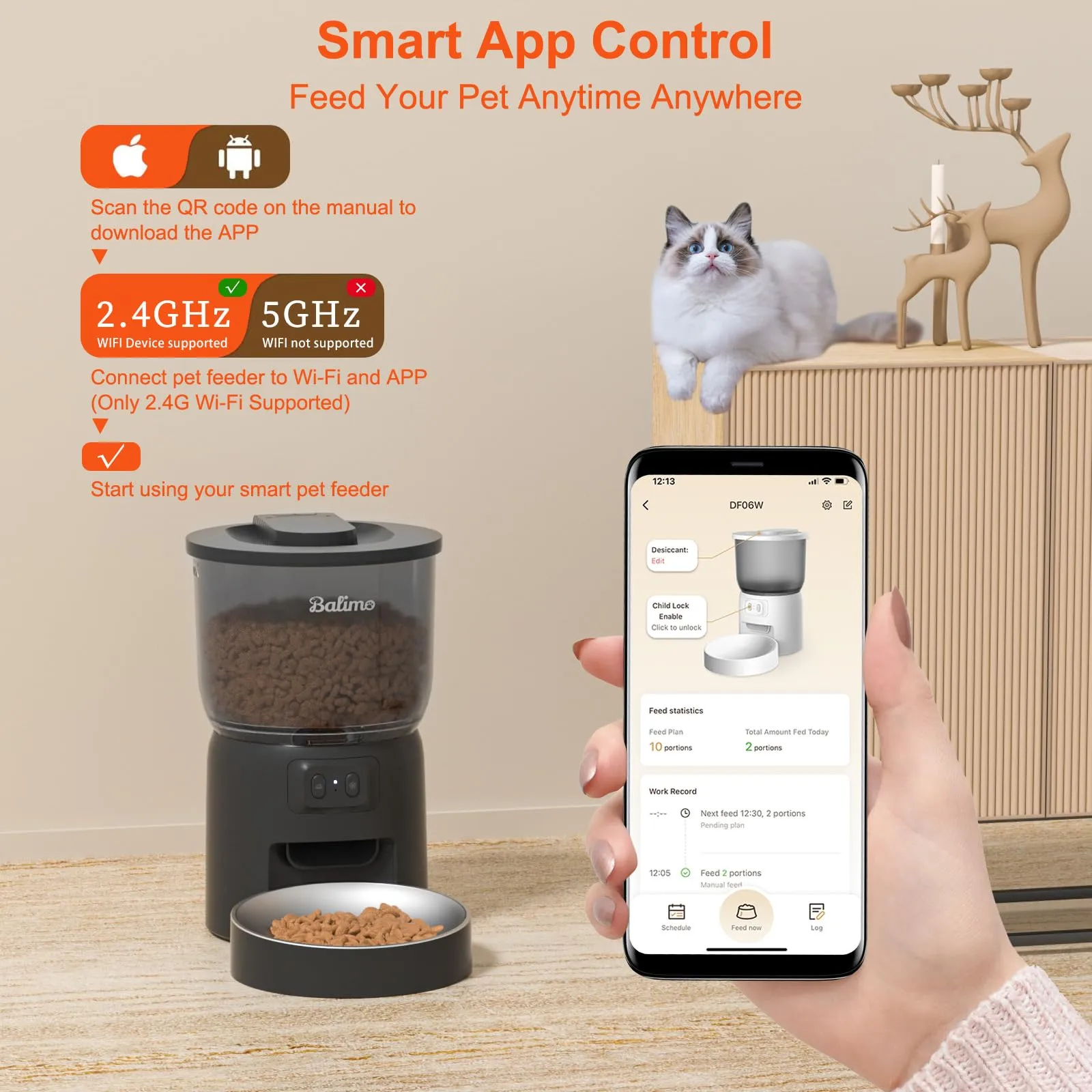 Balimo Distributore Automatico di Cibo per Gatti e Cani, 3L, WiFi 2.4G, Controllo App, Nero - immagine 6