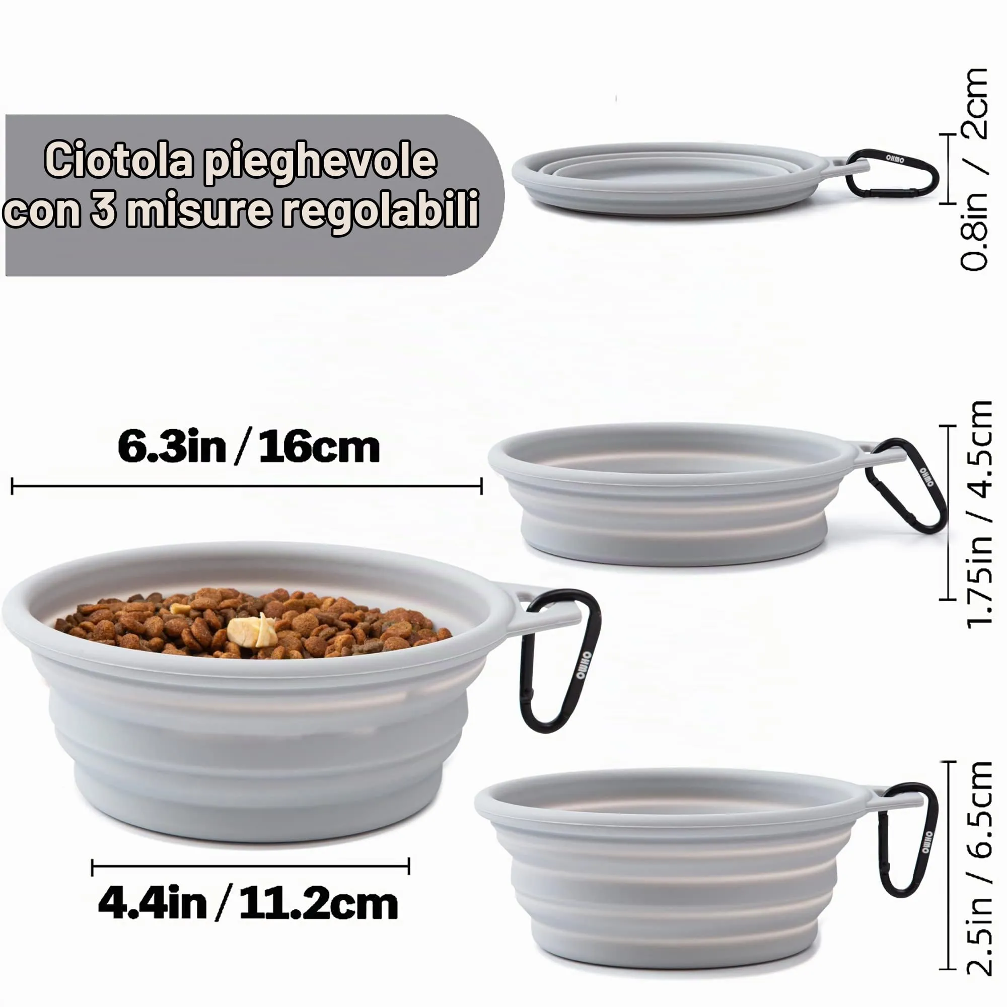 OHMO Ciotola Pieghevole per Cani Portatile da Viaggio con Moschettone, 800ml, Cenere - immagine 2