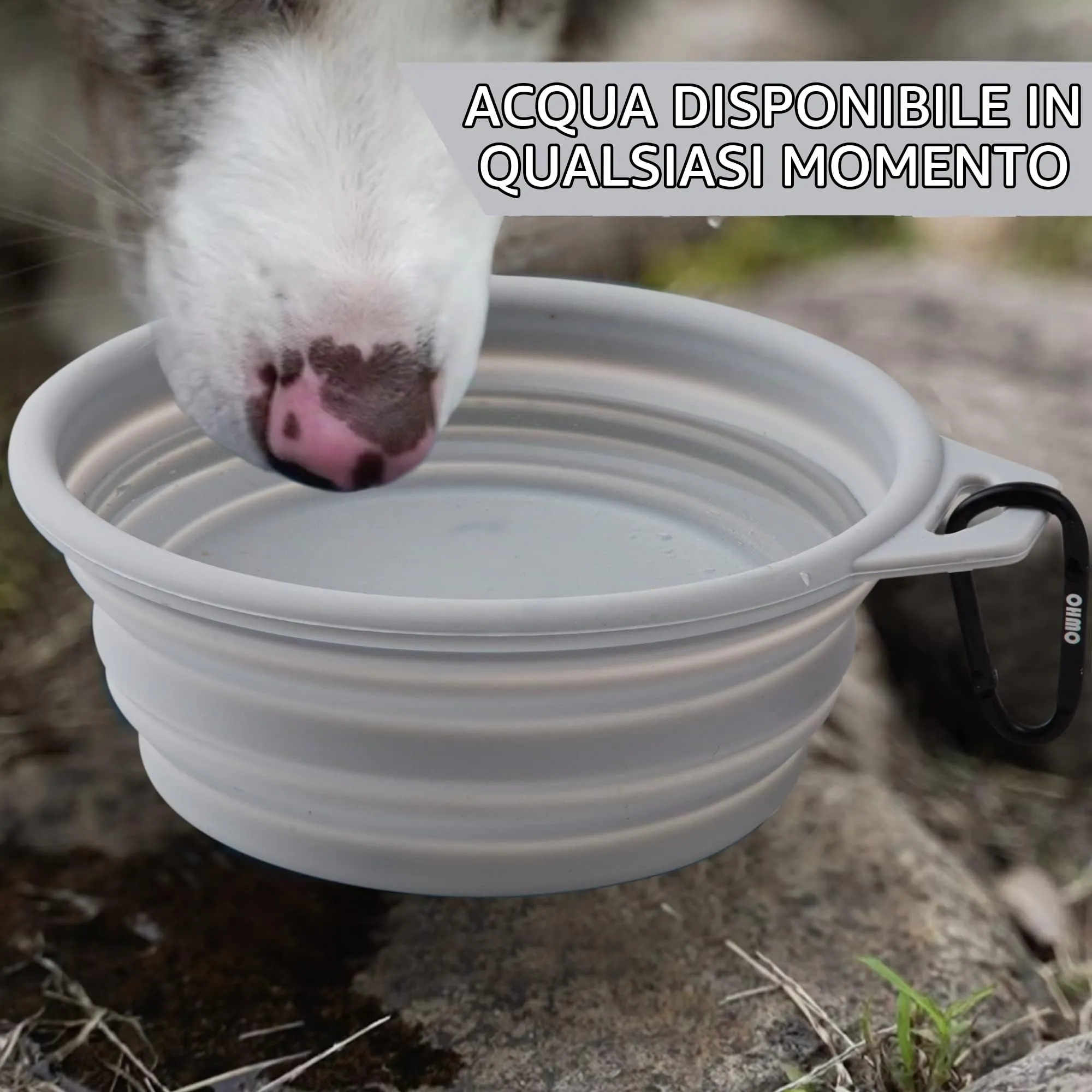 OHMO Ciotola Pieghevole per Cani Portatile da Viaggio con Moschettone, 800ml, Cenere - immagine 4