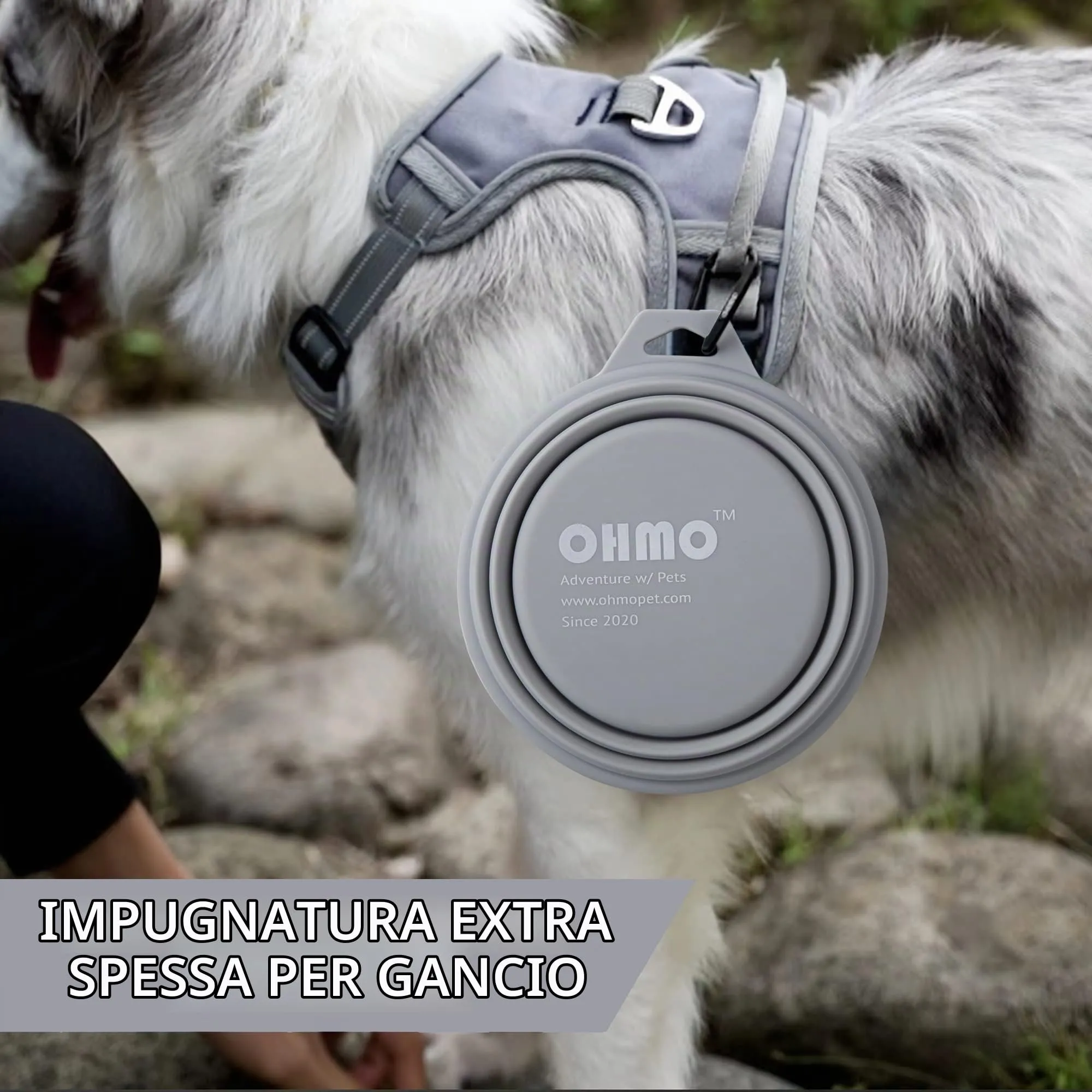 OHMO Ciotola Pieghevole per Cani Portatile da Viaggio con Moschettone, 800ml, Cenere - immagine 5