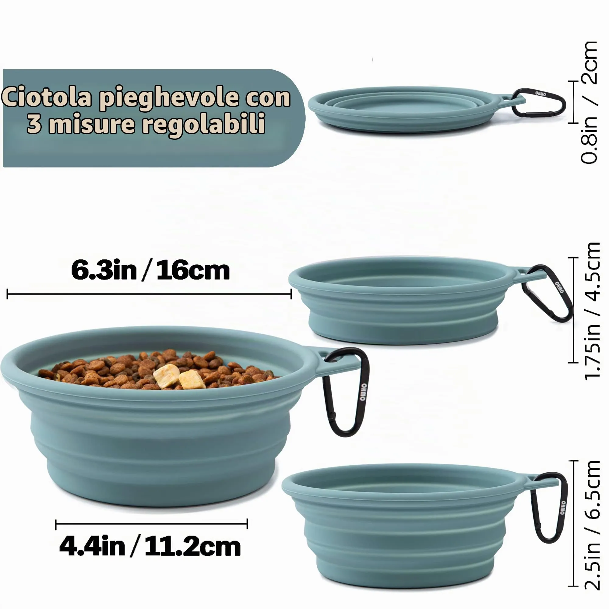 OHMO Ciotola Pieghevole per Cani Portatile da Viaggio con Moschettone, 800ml, Azzurro - immagine 2