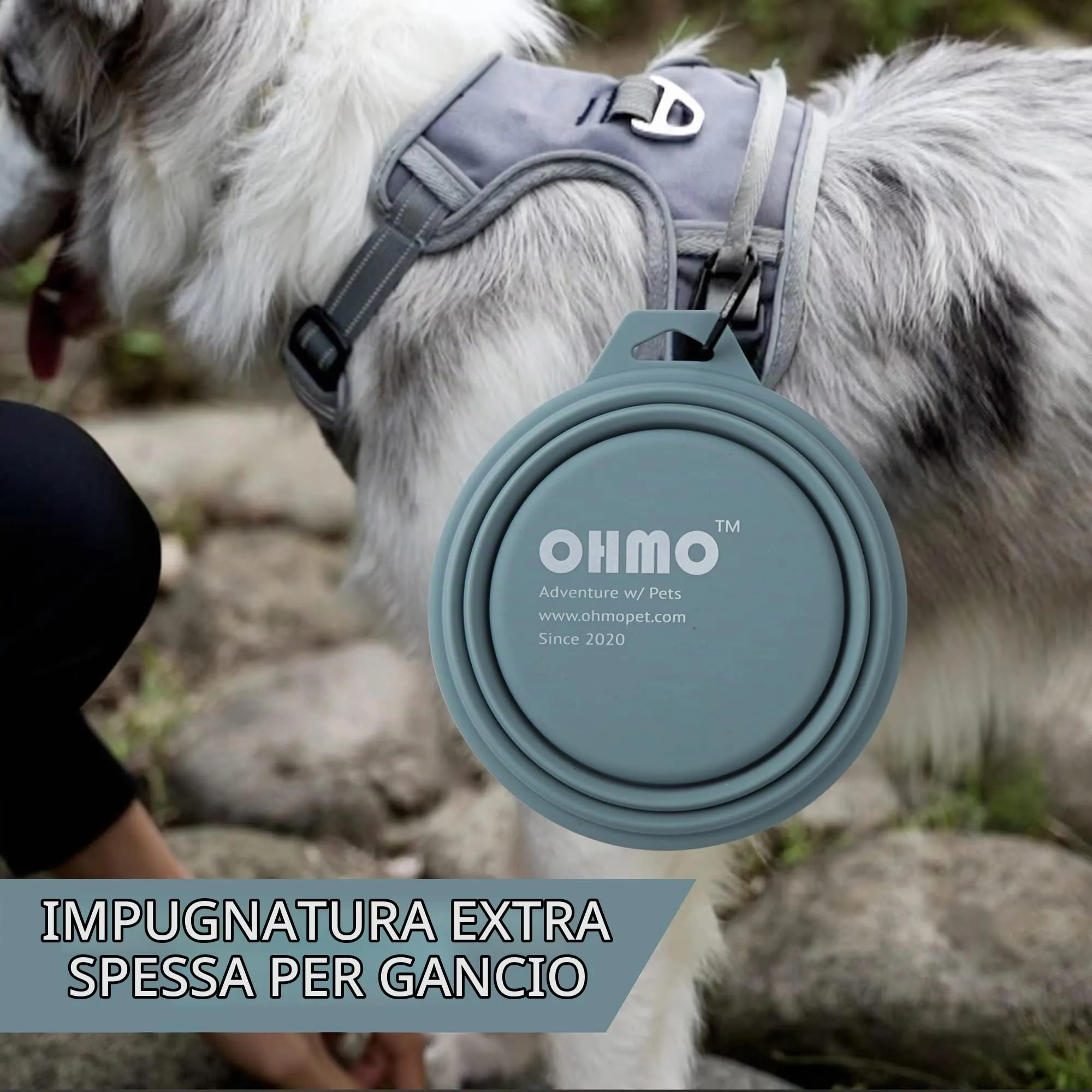 OHMO Ciotola Pieghevole per Cani Portatile da Viaggio con Moschettone, 800ml, Azzurro - immagine 6