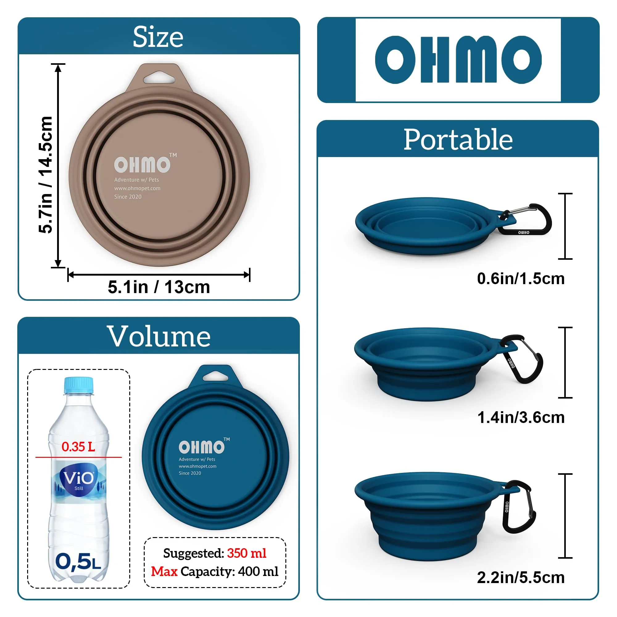 OHMO Ciotole portatili in silicone per cani e gatti, set di 2, 400 ml, blu e beige - immagine 2