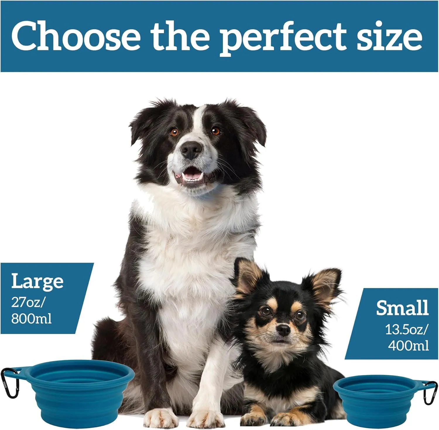 OHMO Ciotole portatili in silicone per cani e gatti, set di 2, 400 ml, blu e beige - immagine 3