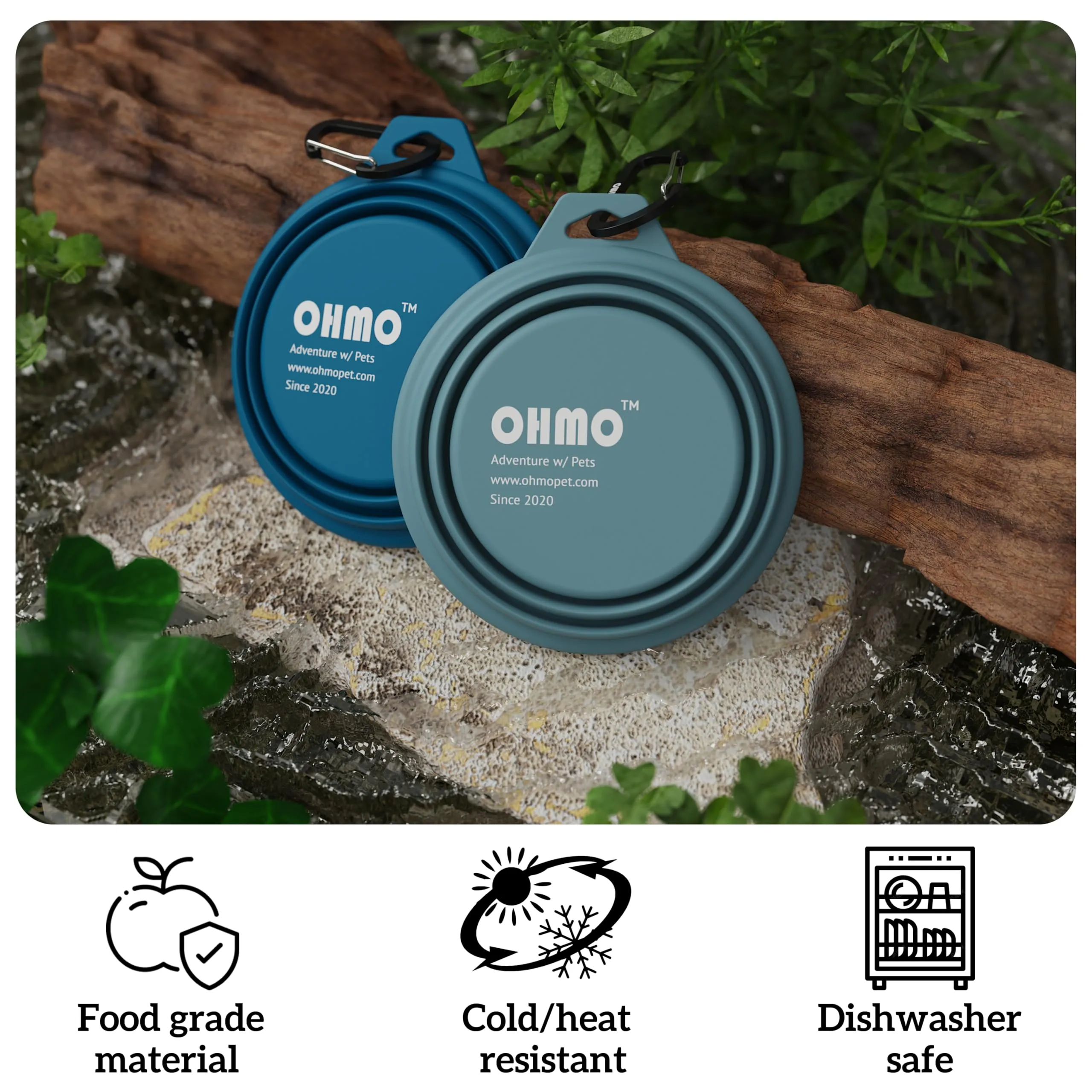 OHMO Ciotole portatili in silicone per cani e gatti, set di 2, 400 ml, blu e beige - immagine 5