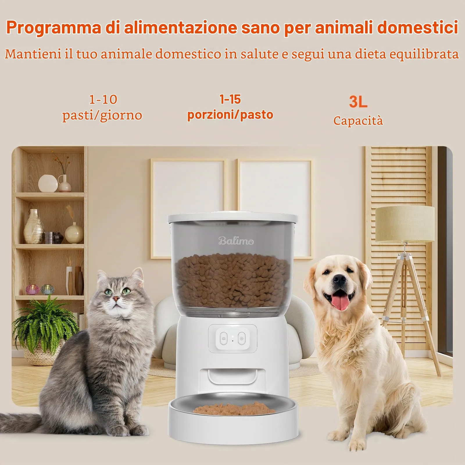 Balimo Distributore Automatico Cibo per Cani e Gatti, WiFi 2.4G, Controllo App, 3L, Bianco - immagine 2