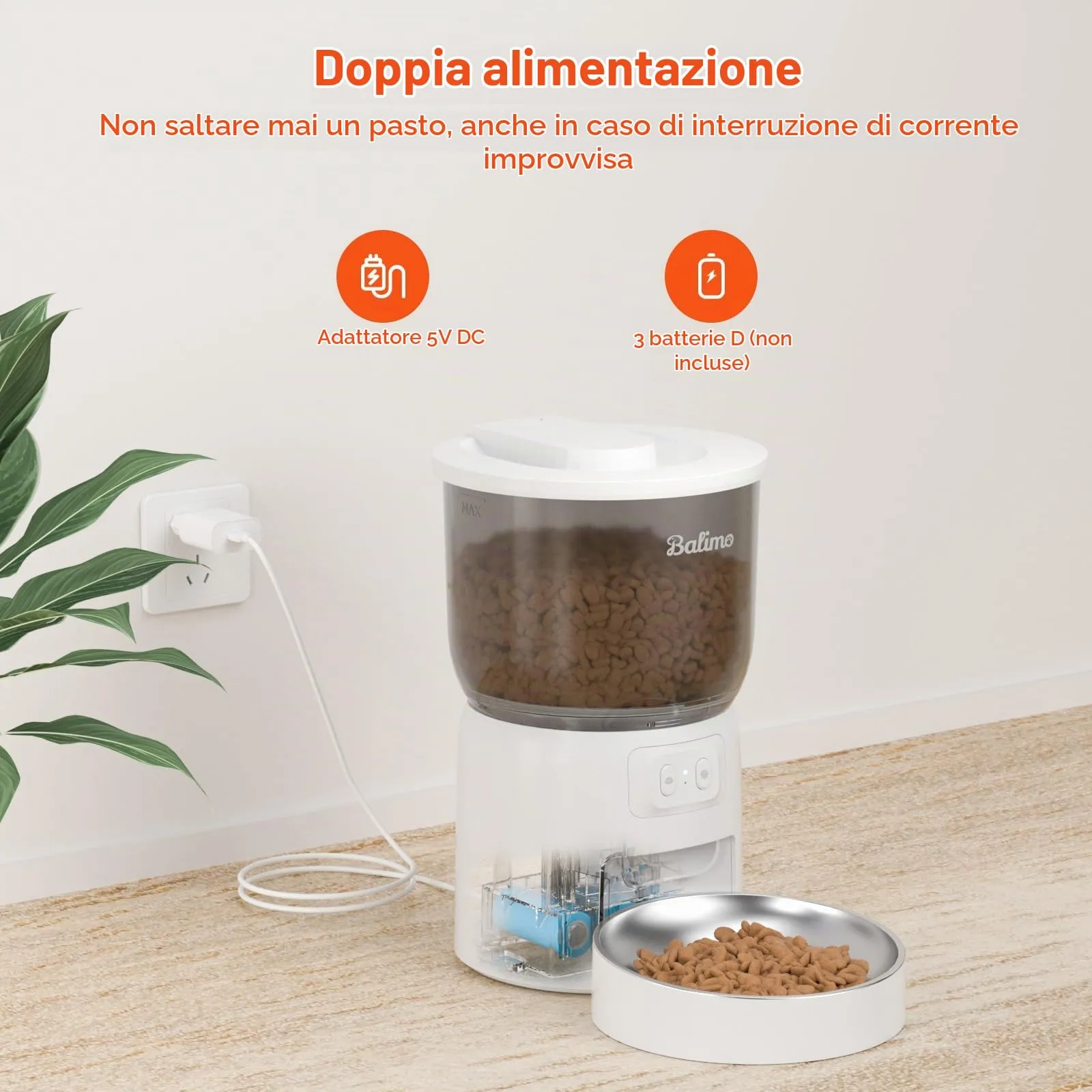Balimo Distributore Automatico Cibo per Cani e Gatti, WiFi 2.4G, Controllo App, 3L, Bianco - immagine 4