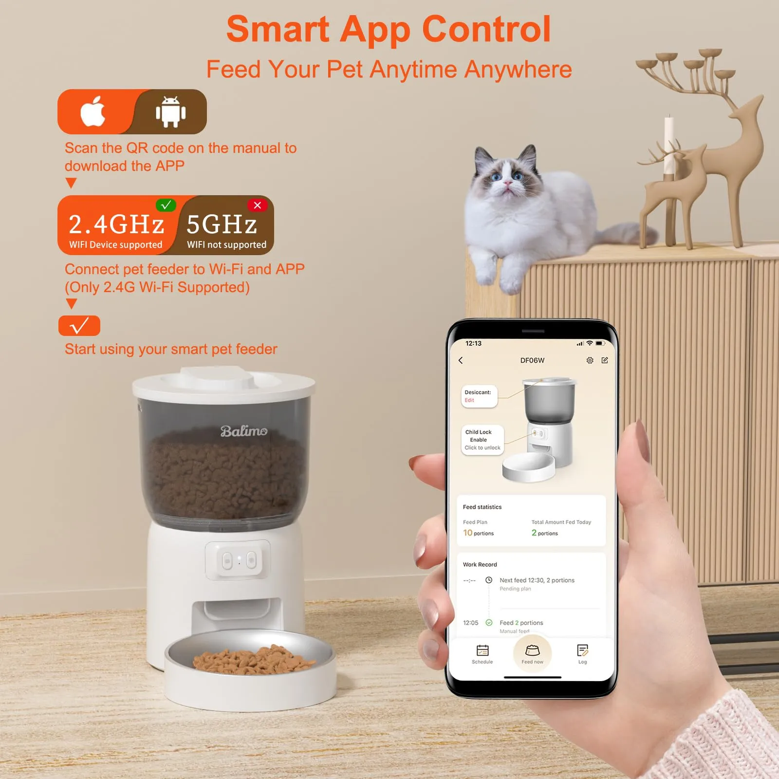 Balimo Distributore Automatico Cibo per Cani e Gatti, WiFi 2.4G, Controllo App, 3L, Bianco - immagine 6