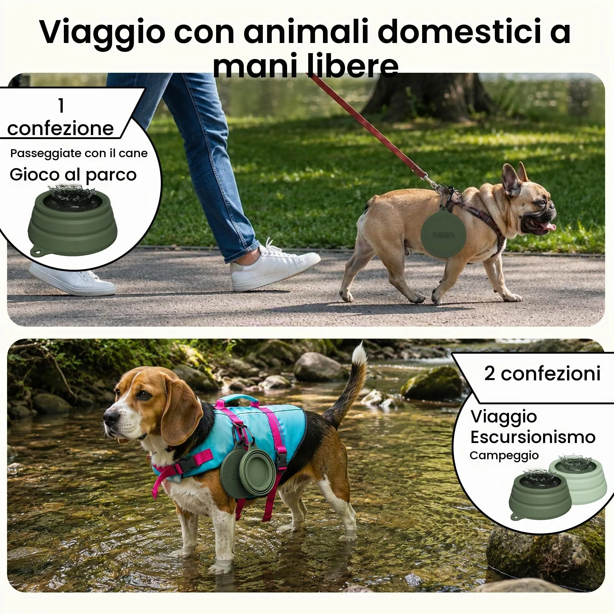 OHMO Ciotola Pieghevole per Cani Anti-Ribaltamento, 700ml, Verde Mimetico - immagine 8