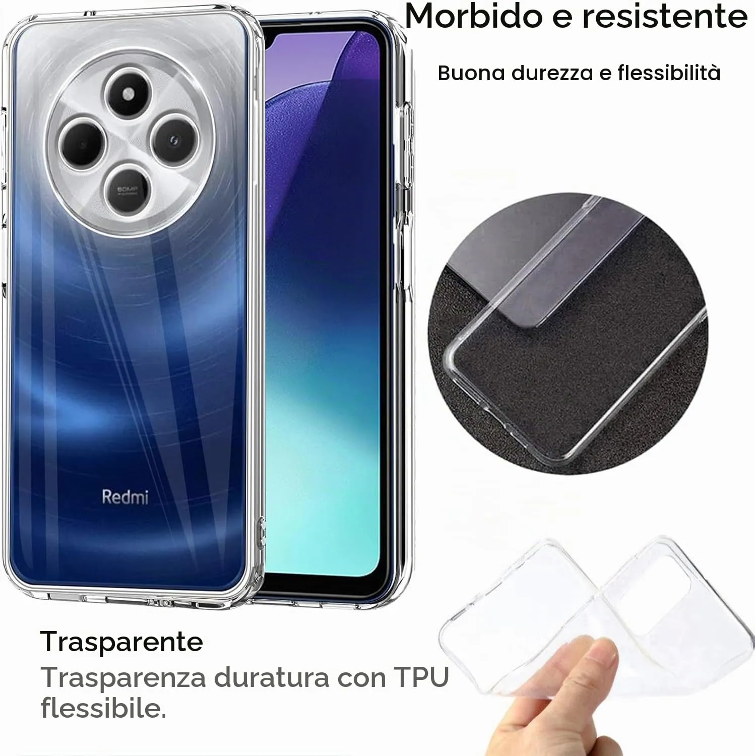 Captor Cover Trasparente per Xiaomi Redmi 14C 4G, Custodia TPU in Silicone Flessibile con Bordo Rialzato per Schermo e Fotocamera - immagine 4
