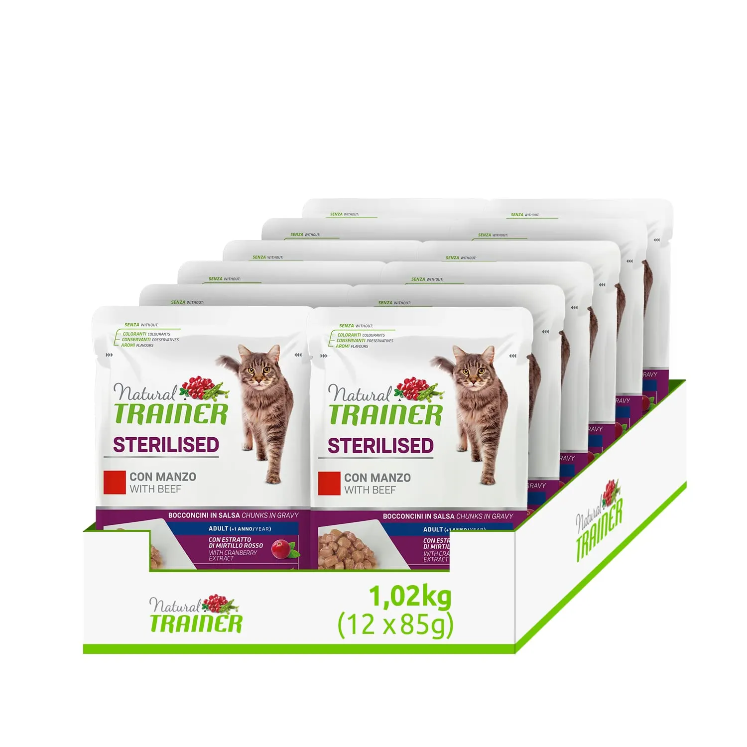 Trainer Natural Sterilised Adult Cibo Umido per Gatti con Manzo e Fibra di Pisello, 12 x 85 g - immagine 1