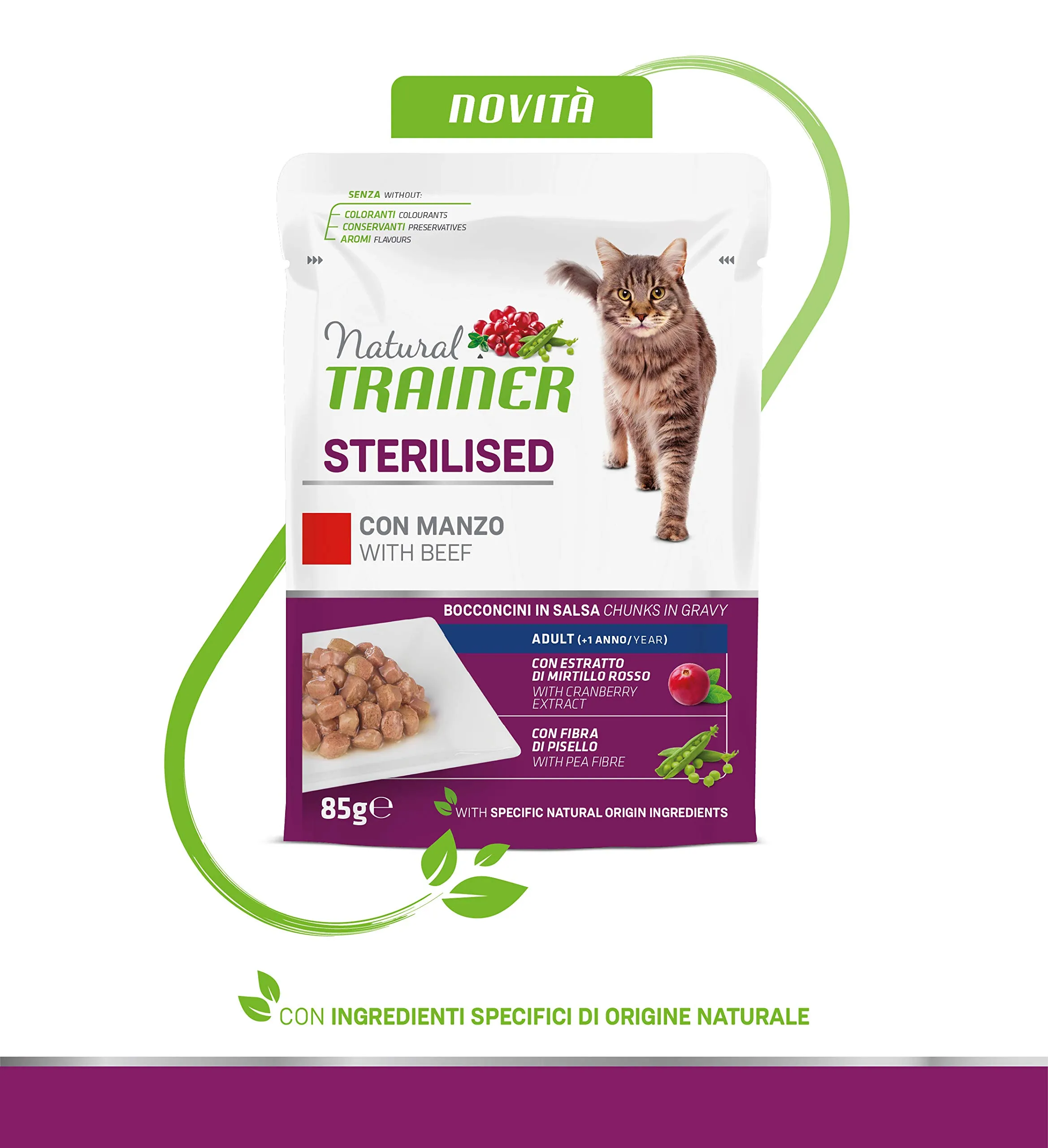 Trainer Natural Sterilised Adult Cibo Umido per Gatti con Manzo e Fibra di Pisello, 12 x 85 g - immagine 3