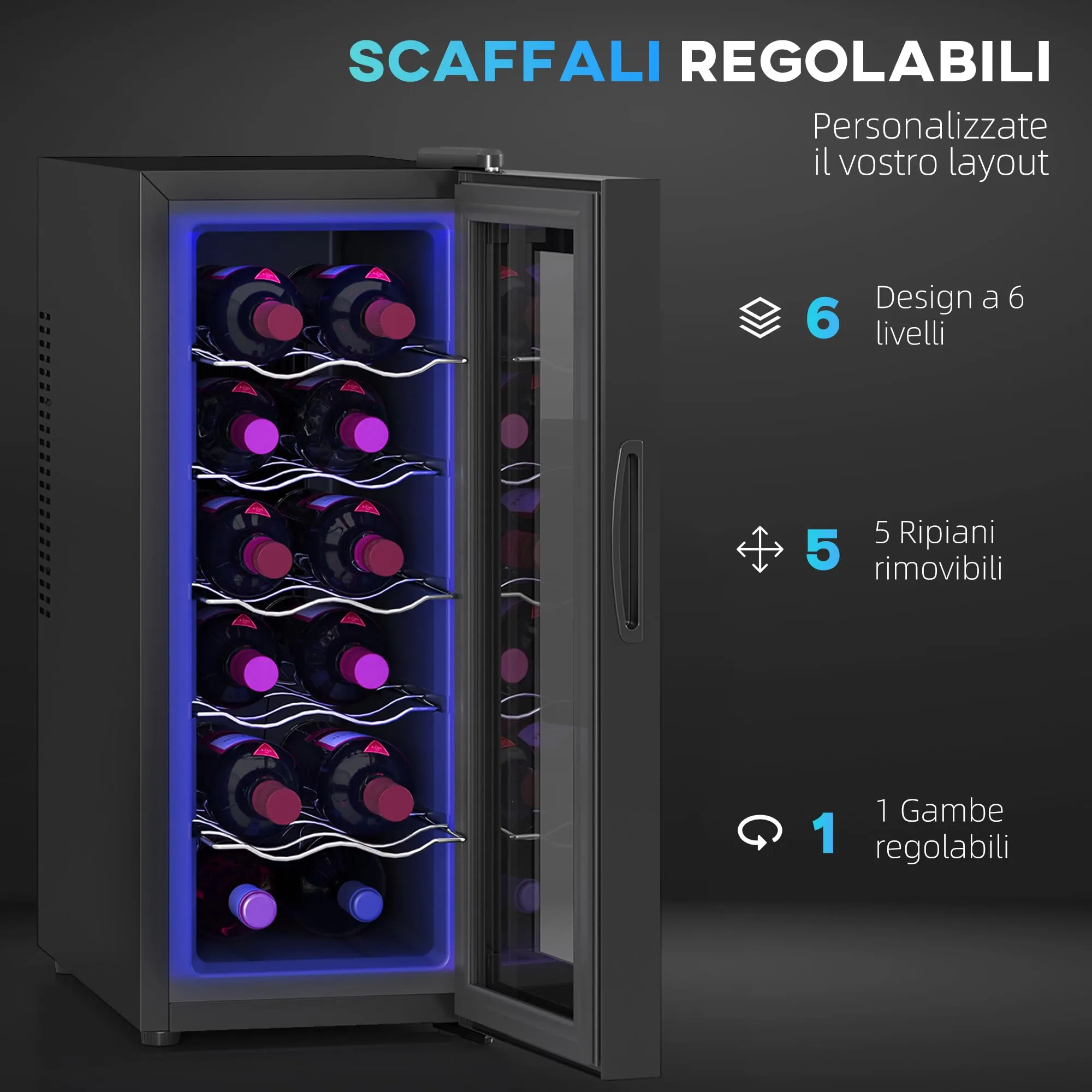 HOMCOM Cantinetta Vino Refrigerata 12 Bottiglie 34L 8-18℃ Nero - immagine 6