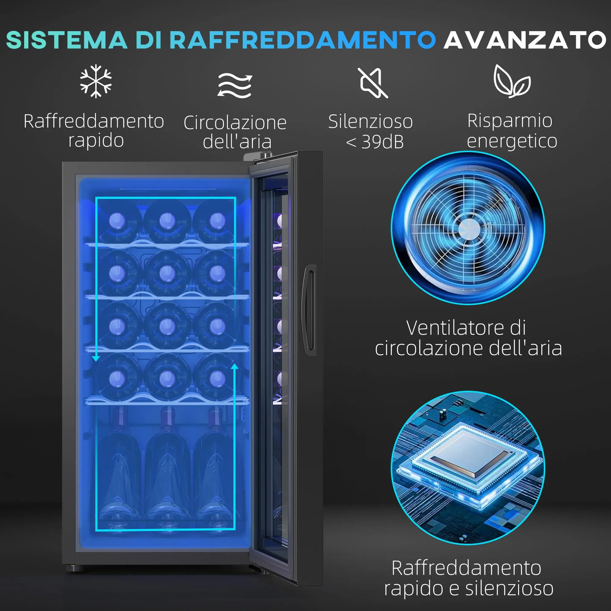 HOMCOM Cantinetta Vino Refrigerata 15 Bottiglie 44L 5-18℃ Nero - immagine 3