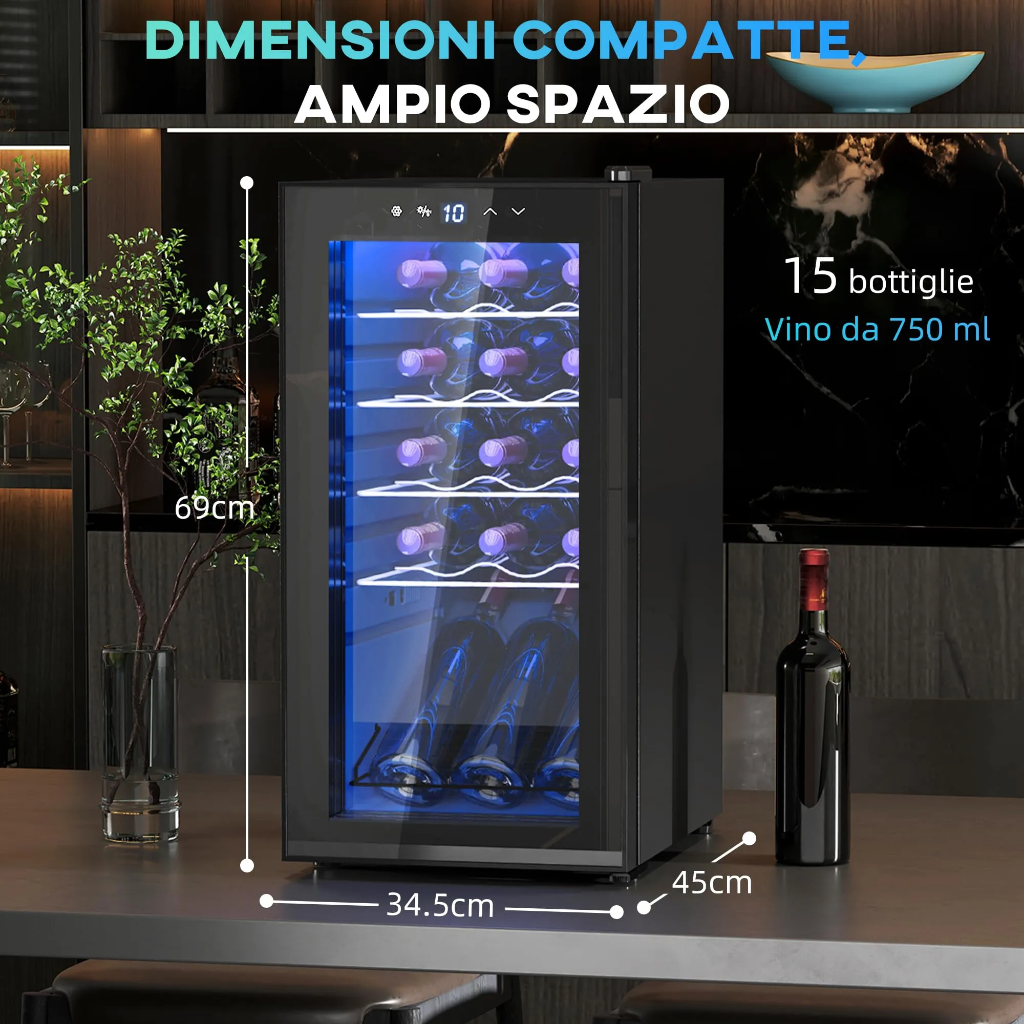 HOMCOM Cantinetta Vino Refrigerata 15 Bottiglie 44L 5-18℃ Nero - immagine 7