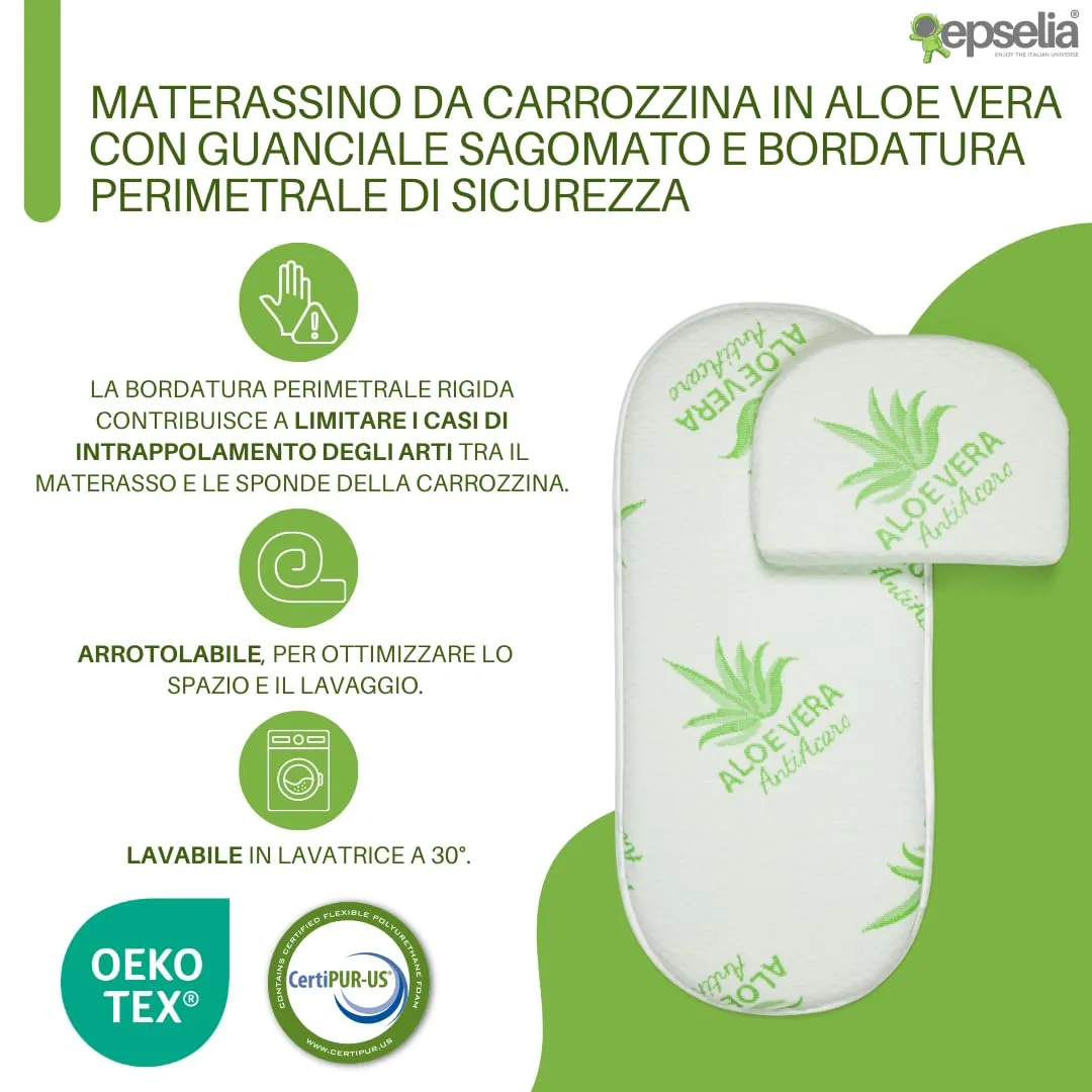 Epselia Materassino in Aloe Vera per Carrozzina Navicella con Guanciale, Certificazione Antisoffoco EN16890:2017, Traspirante e Antiacaro, Certipur Oeko-Tex - immagine 2
