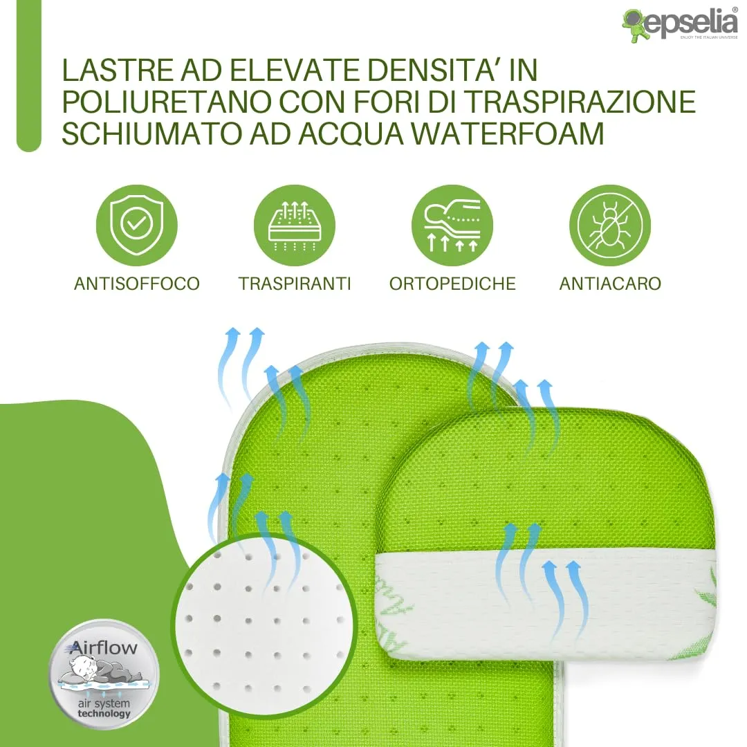 Epselia Materassino in Aloe Vera per Carrozzina Navicella con Guanciale, Certificazione Antisoffoco EN16890:2017, Traspirante e Antiacaro, Certipur Oeko-Tex - immagine 4
