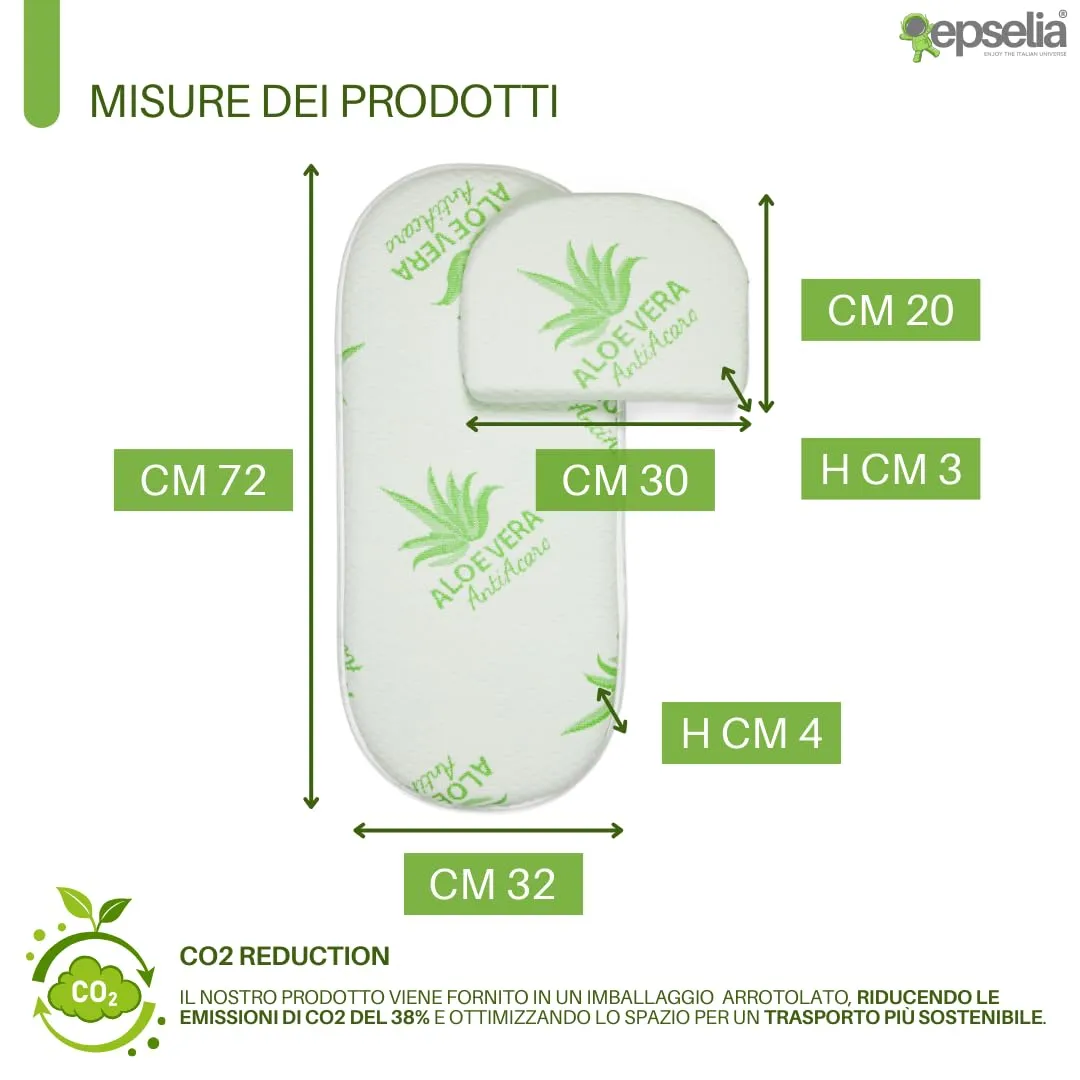Epselia Materassino in Aloe Vera per Carrozzina Navicella con Guanciale, Certificazione Antisoffoco EN16890:2017, Traspirante e Antiacaro, Certipur Oeko-Tex - immagine 5