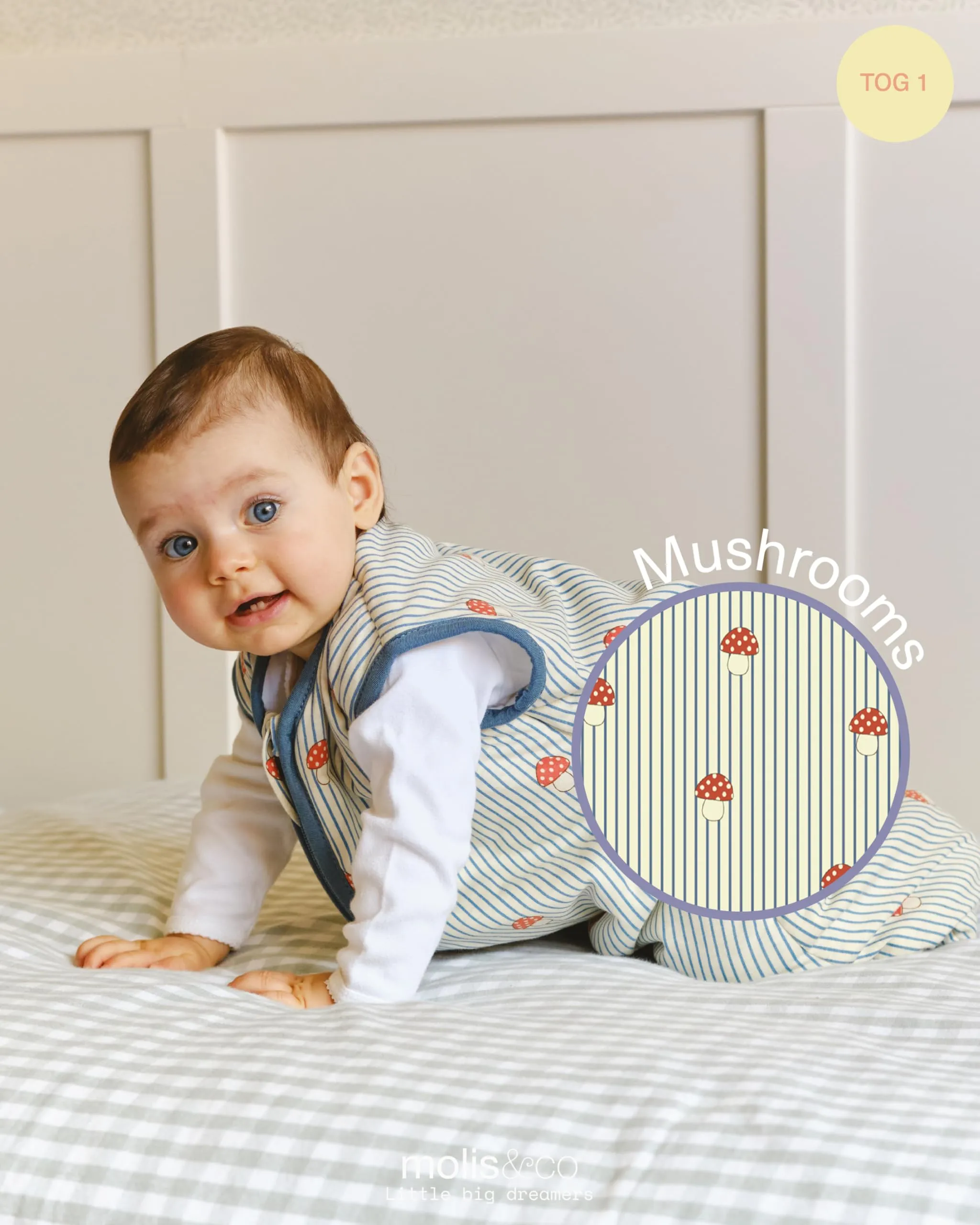 molis & co Sacco Nanna 1 TOG 6-18 mesi, 100% Cotone Oeko-Tex, Leggermente Imbottito, Mushrooms - immagine 4