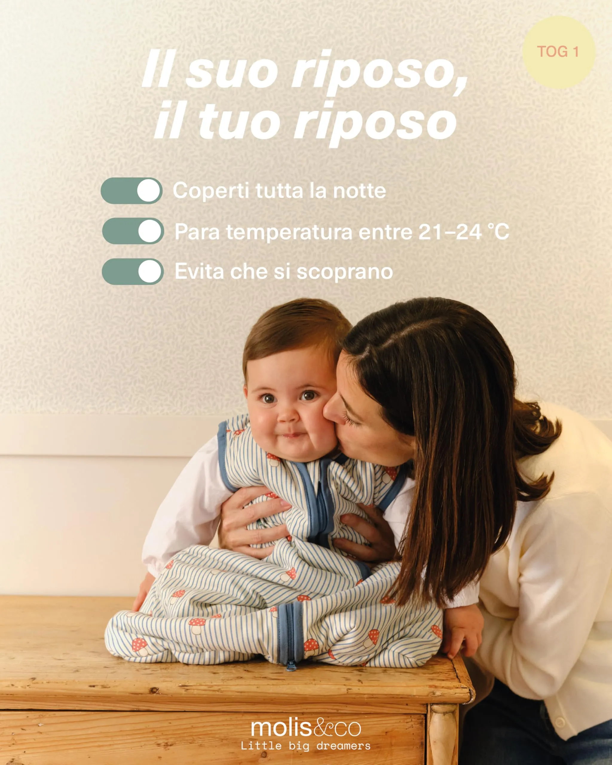 molis & co Sacco Nanna 1 TOG 6-18 mesi, 100% Cotone Oeko-Tex, Leggermente Imbottito, Mushrooms - immagine 5