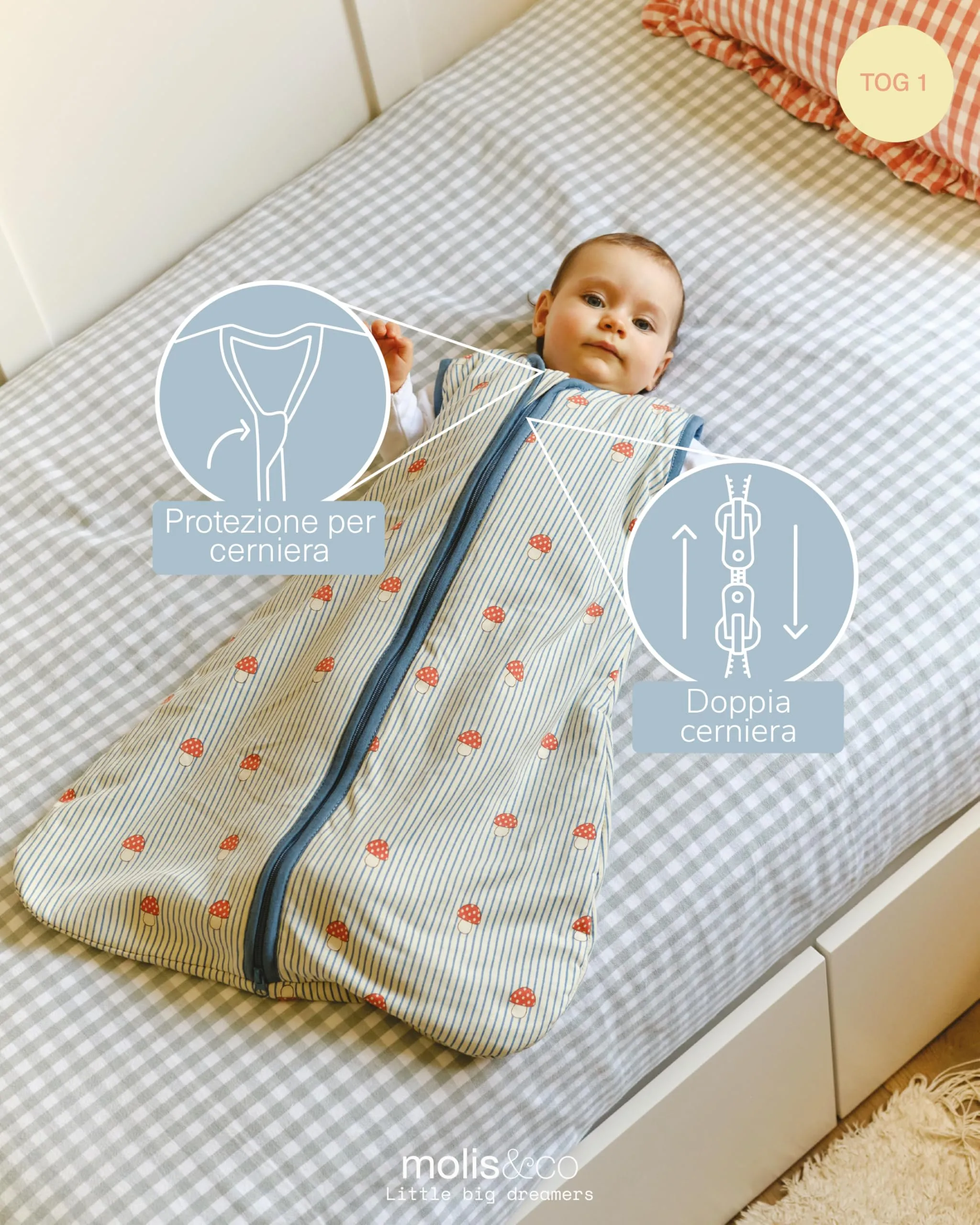 molis & co Sacco Nanna 1 TOG per Neonato 18-36 mesi, 100% Cotone Oeko-Tex, Senza Maniche - Mushrooms - immagine 3