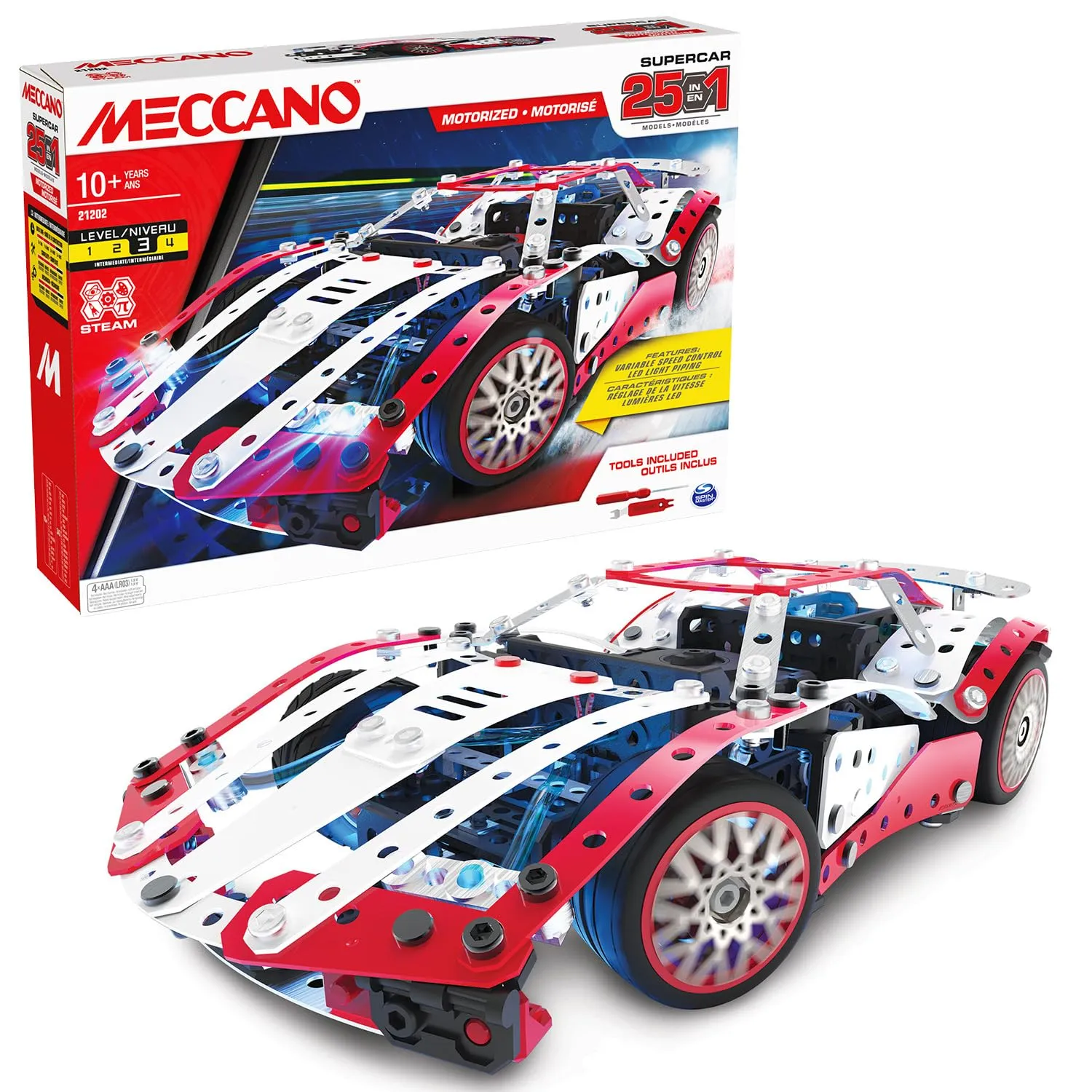 Bandai Meccano Supercar 25 in 1 Construction Kit, 347 Pieces with 6V Motor and LED, APM20105 - immagine 1