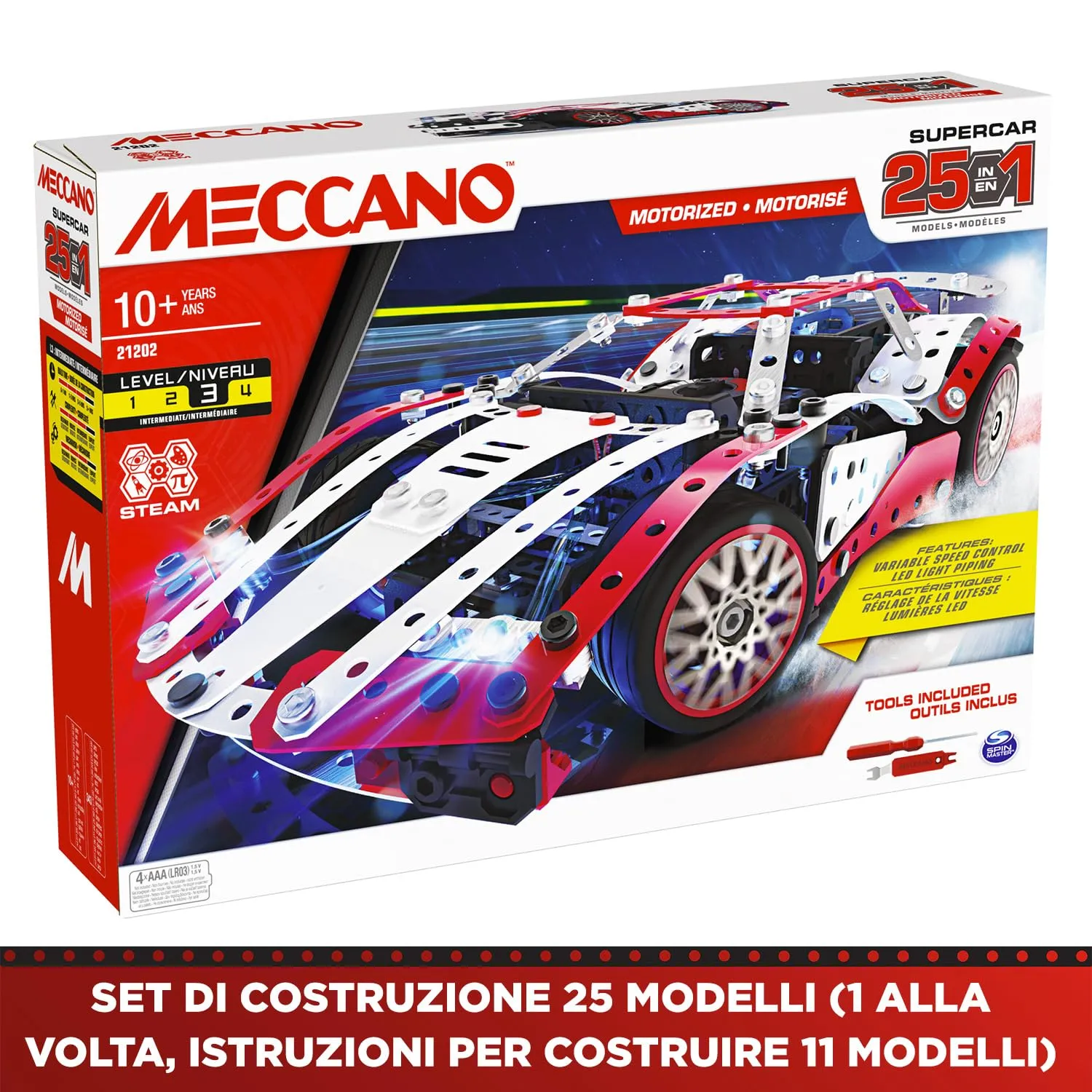 Bandai Meccano Supercar 25 in 1 Construction Kit, 347 Pieces with 6V Motor and LED, APM20105 - immagine 2