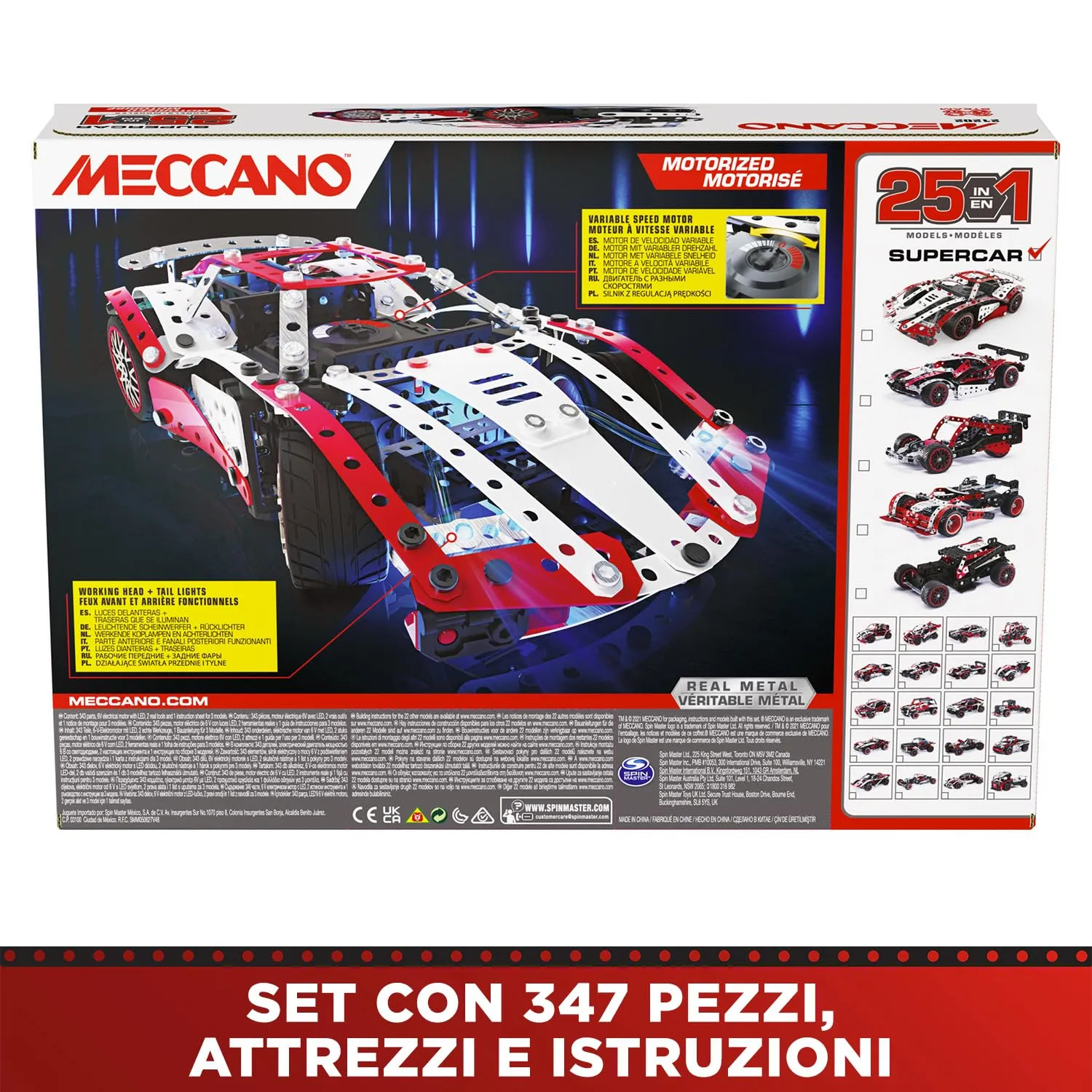 Bandai Meccano Supercar 25 in 1 Construction Kit, 347 Pieces with 6V Motor and LED, APM20105 - immagine 6
