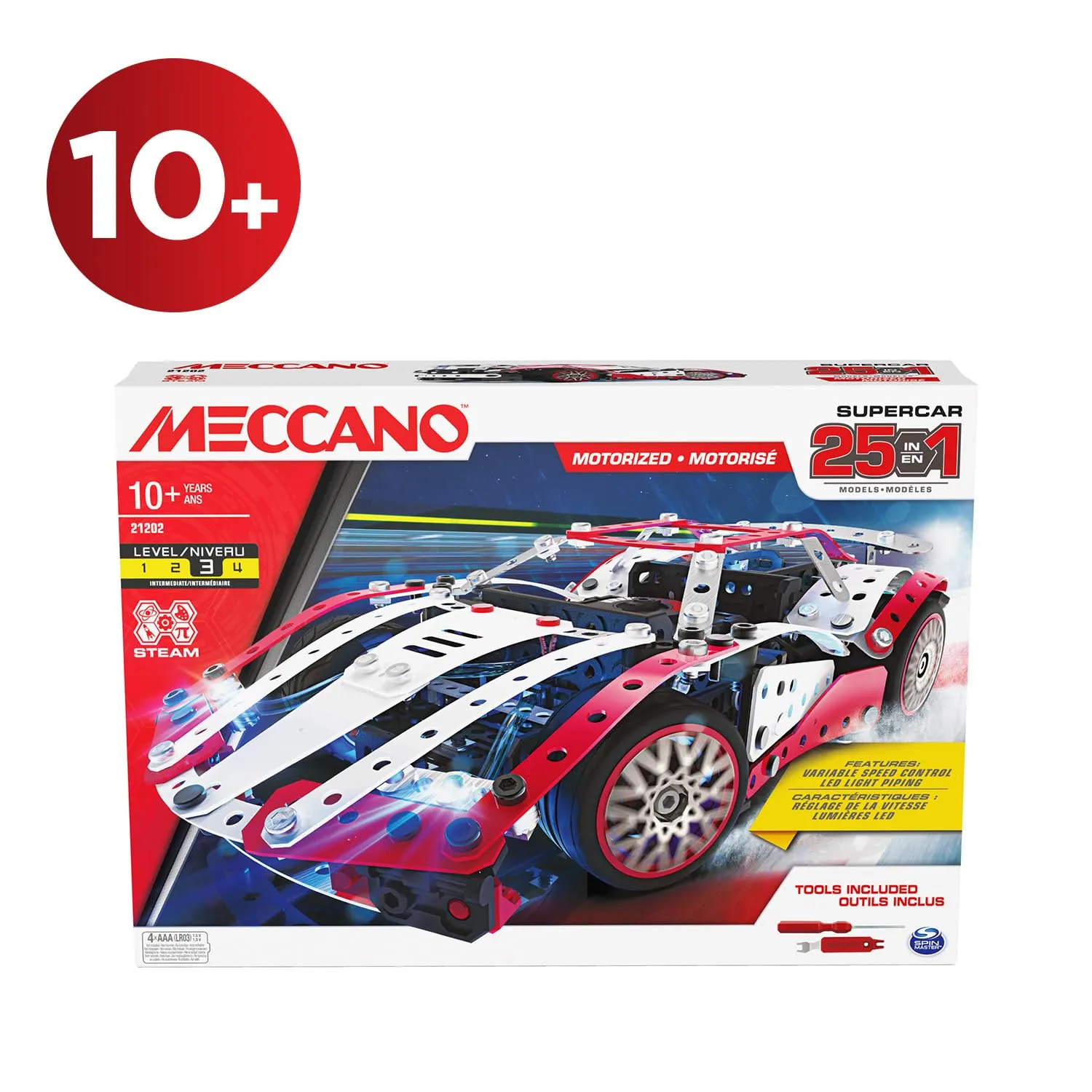 Bandai Meccano Supercar 25 in 1 Construction Kit, 347 Pieces with 6V Motor and LED, APM20105 - immagine 7