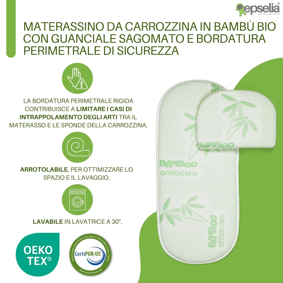 Epselia Materassino in Bambù Bio per Carrozzina Navicella con Guanciale, Certificazione Antisoffoco EN16890:2017, Traspirante e Antiacaro, Certipur Oeko-Tex - immagine 2